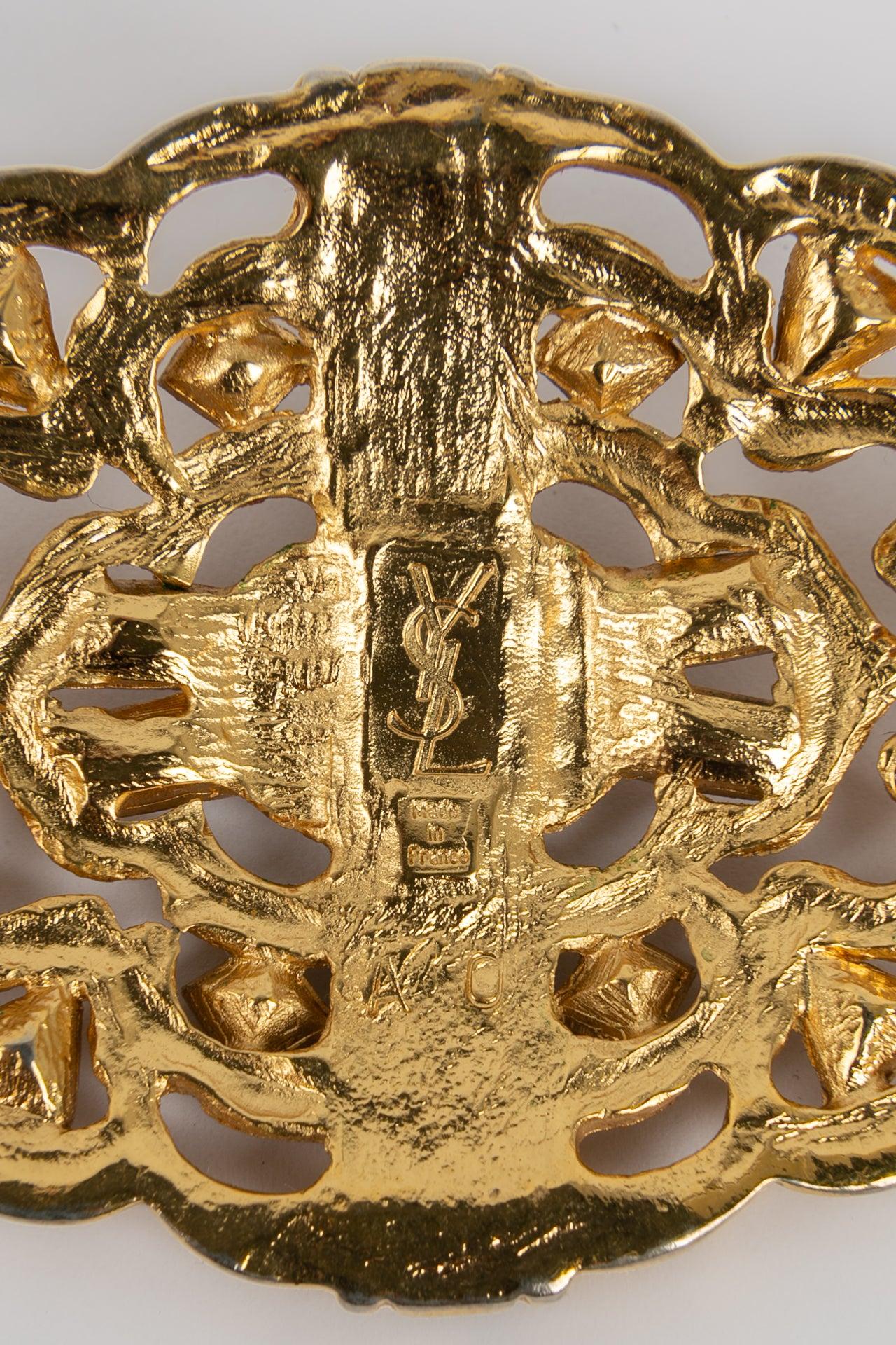 Yves Saint Laurent Openwork Gold Metal Brooch with Rhinestones For Sale 1