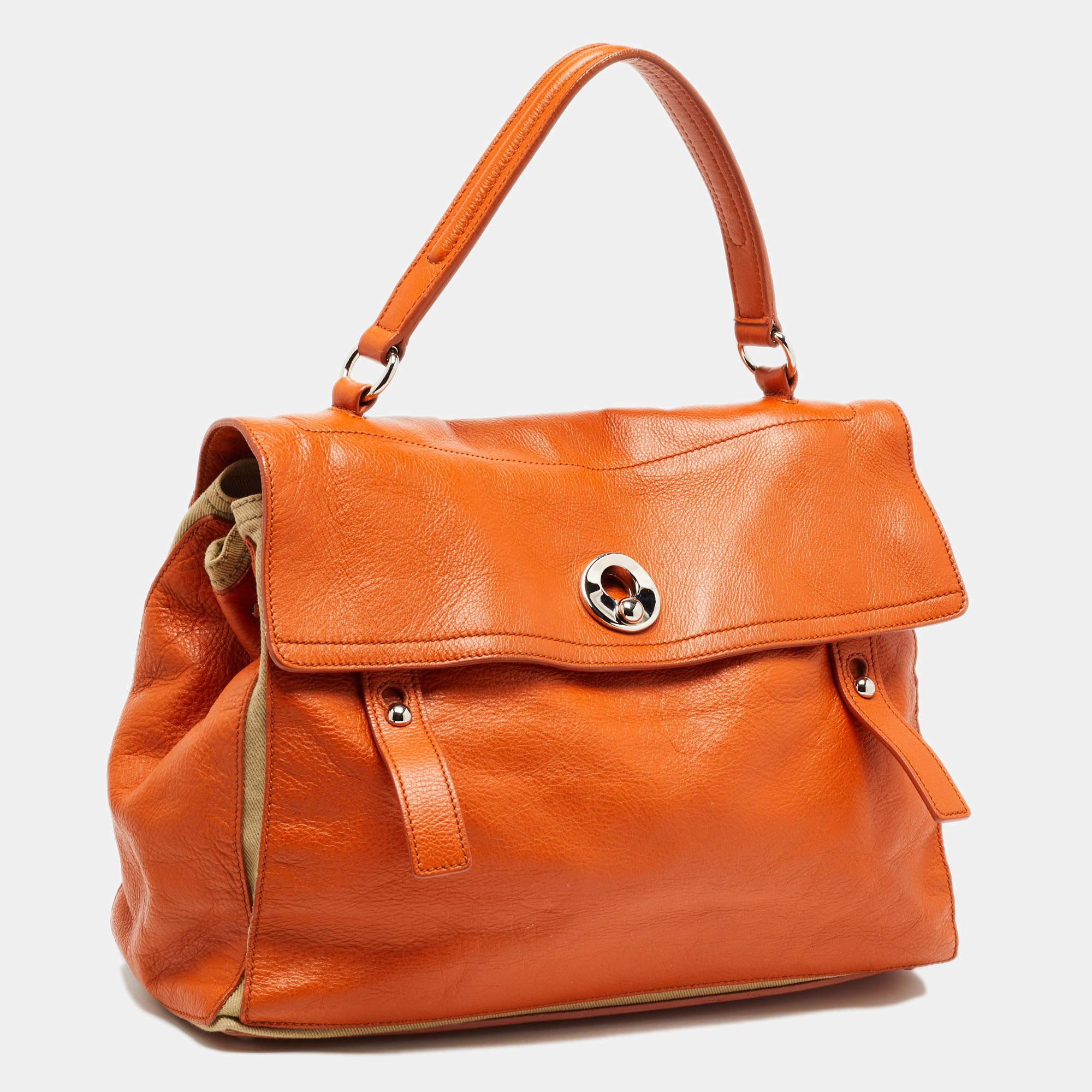 Yves Saint Laurent Orange/Beige Leather and Canvas Muse Two Top Handle Bag In Good Condition In Dubai, Al Qouz 2