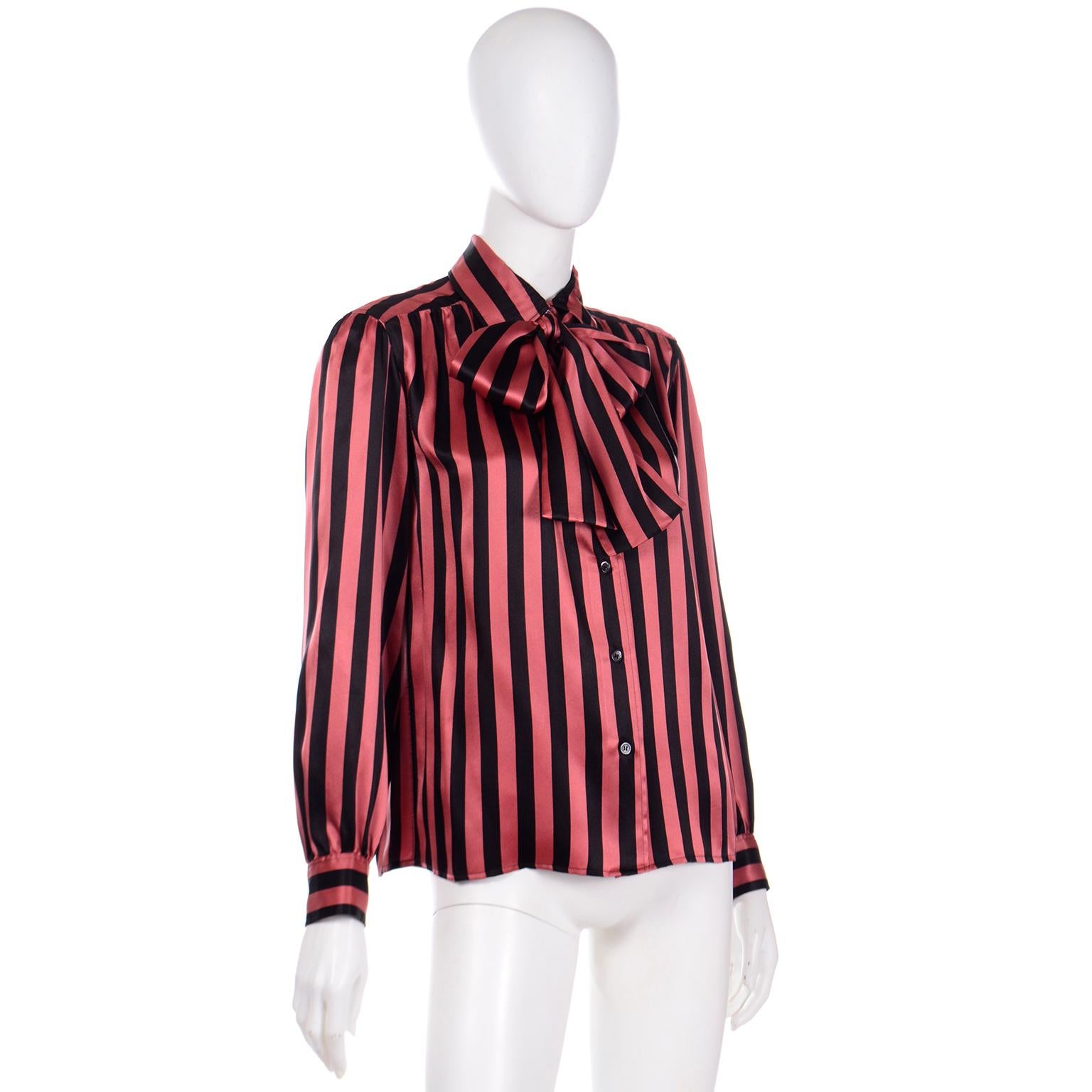 Yves Saint Laurent Orange & Black Striped Silk Vintage Blouse With Sash Bow In Excellent Condition For Sale In Portland, OR