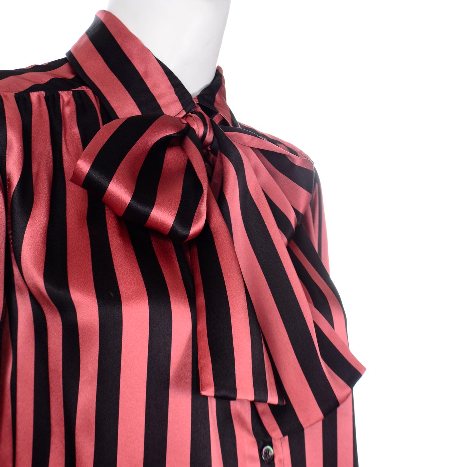 Yves Saint Laurent Orange & Black Striped Silk Vintage Blouse With Sash Bow For Sale 2