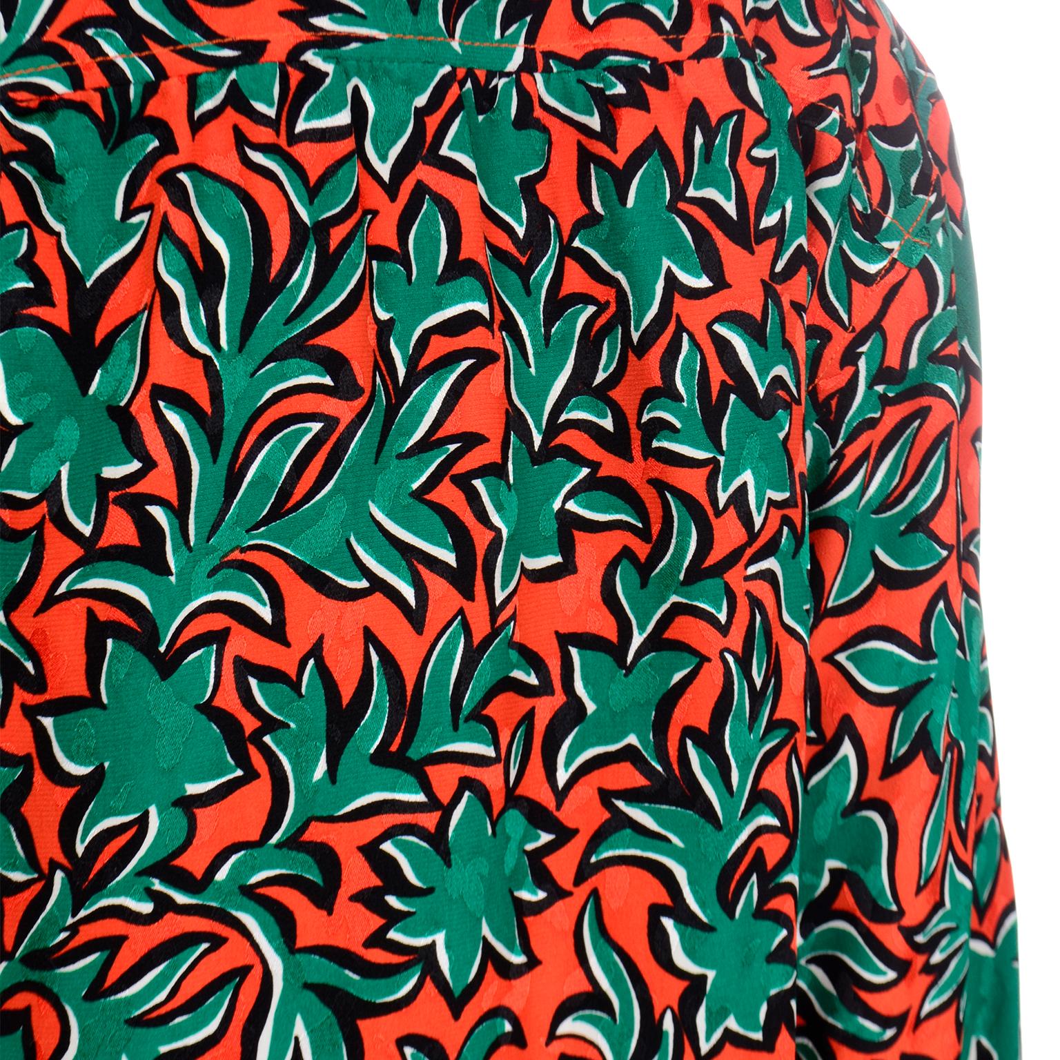 Yves Saint Laurent Orange & Green Leaf Print Blouse With Bow Sash For Sale 5