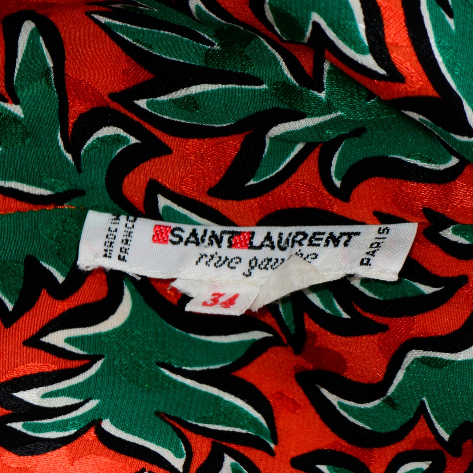 Yves Saint Laurent Orange & Green Leaf Print Blouse With Bow Sash For Sale 7