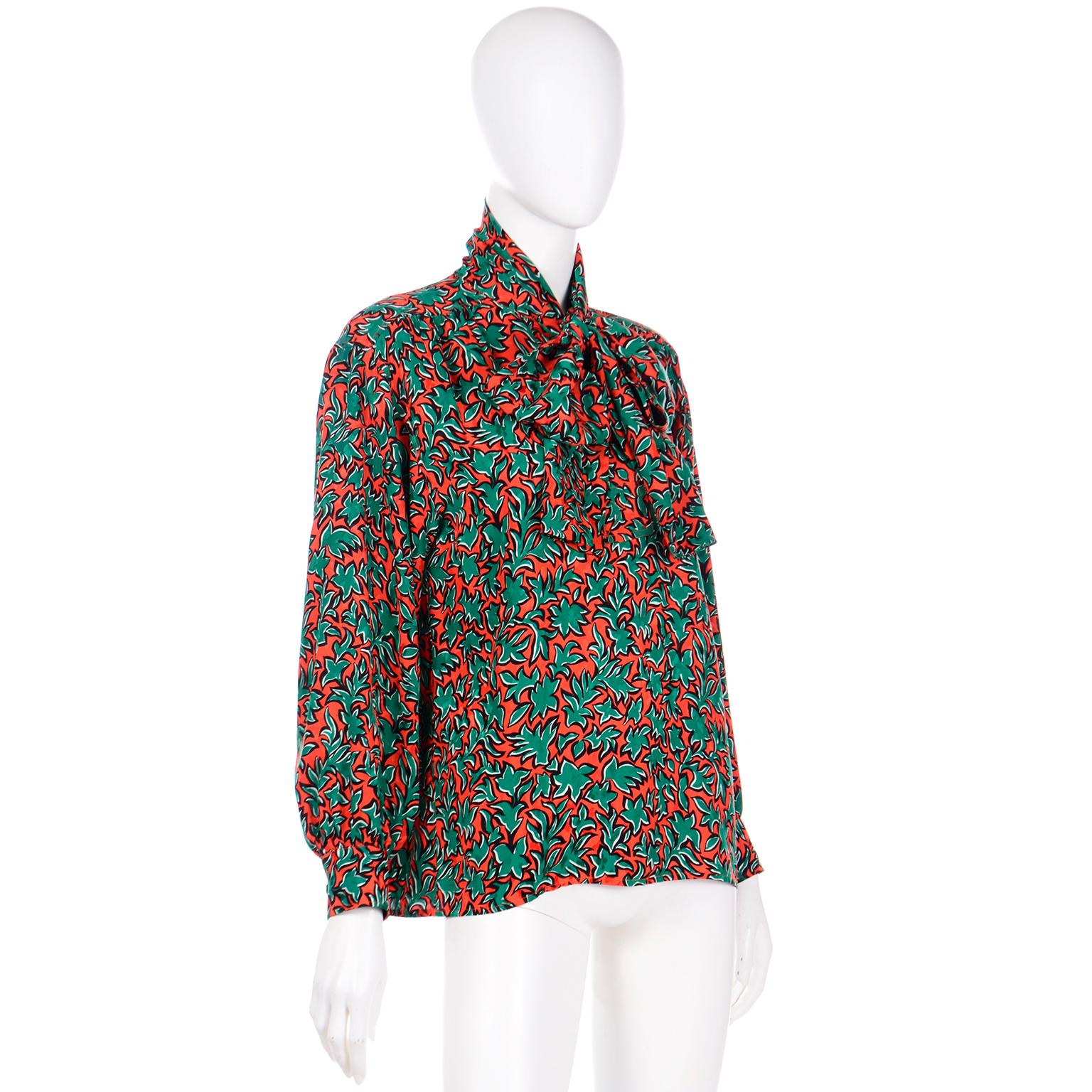 Yves Saint Laurent Orange & Green Leaf Print Blouse With Bow Sash In Excellent Condition For Sale In Portland, OR