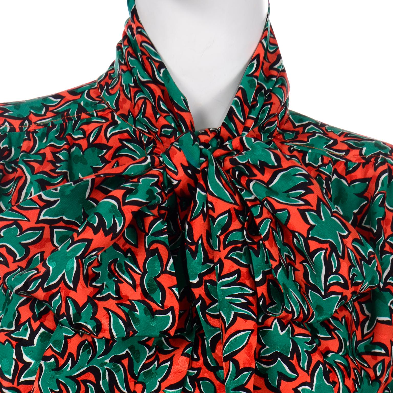 Yves Saint Laurent Orange & Green Leaf Print Blouse With Bow Sash For Sale 2