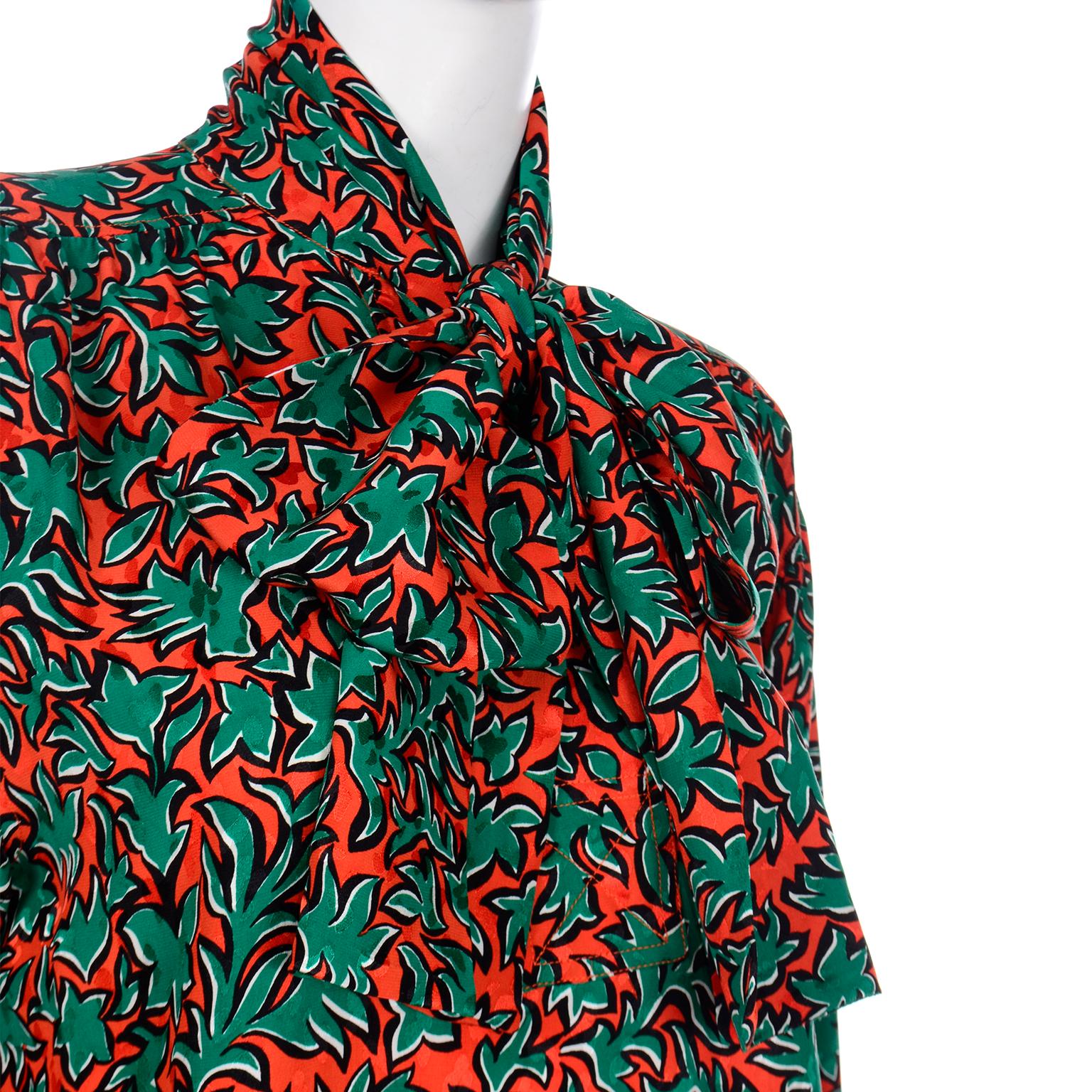 Yves Saint Laurent Orange & Green Leaf Print Blouse With Bow Sash For Sale 3