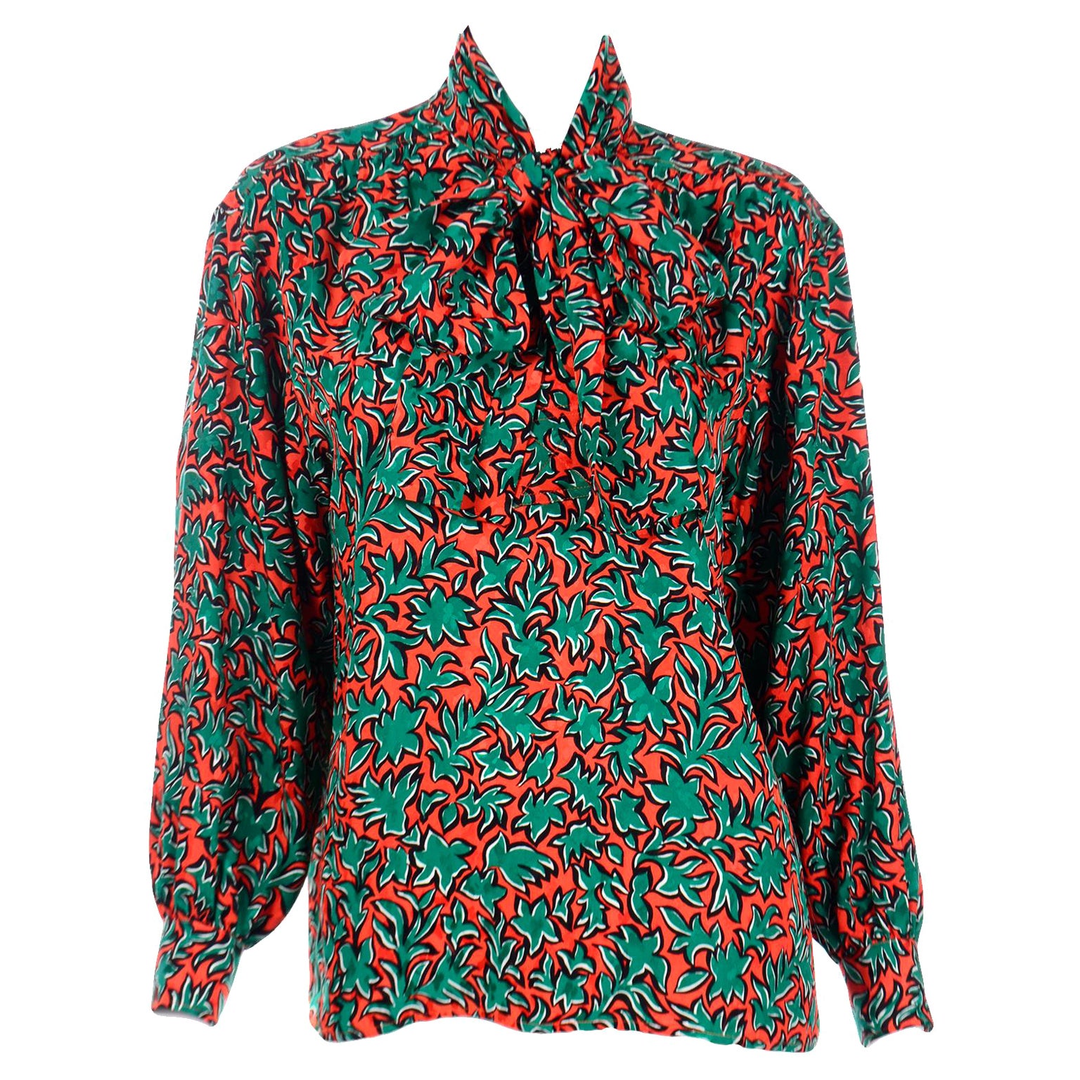 Yves Saint Laurent Orange 
Green Leaf Print Blouse With Bow Sash For Sale