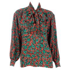 Yves Saint Laurent Orange & Green Leaf Print Blouse With Bow Sash