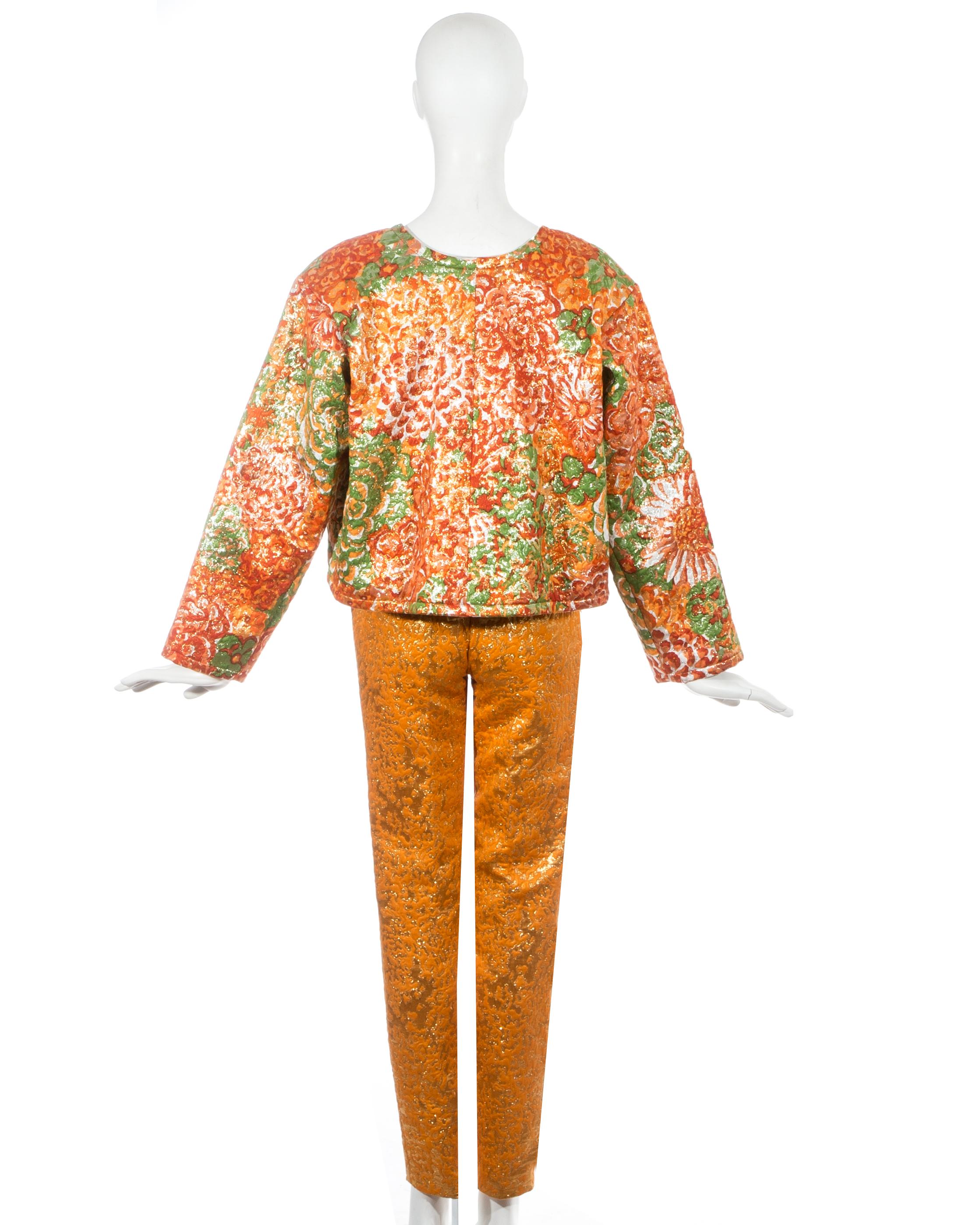 Orange Yves Saint Laurent orange metallic floral brocade evening pant suit, fw 1989