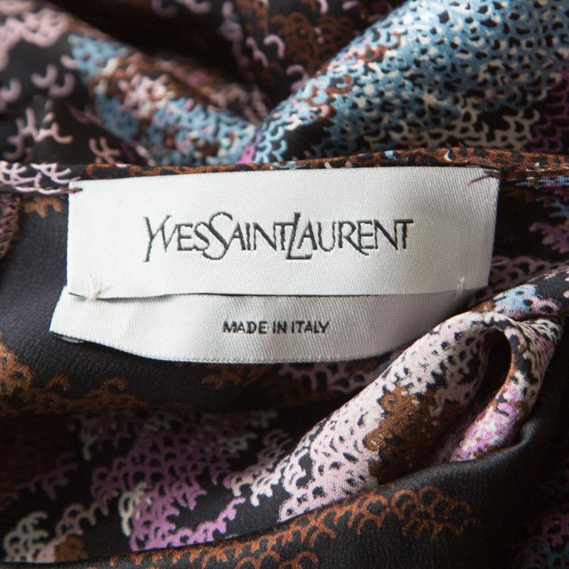 Yves Saint Laurent Paris Black Printed Satin Tie Detail Dress S 1