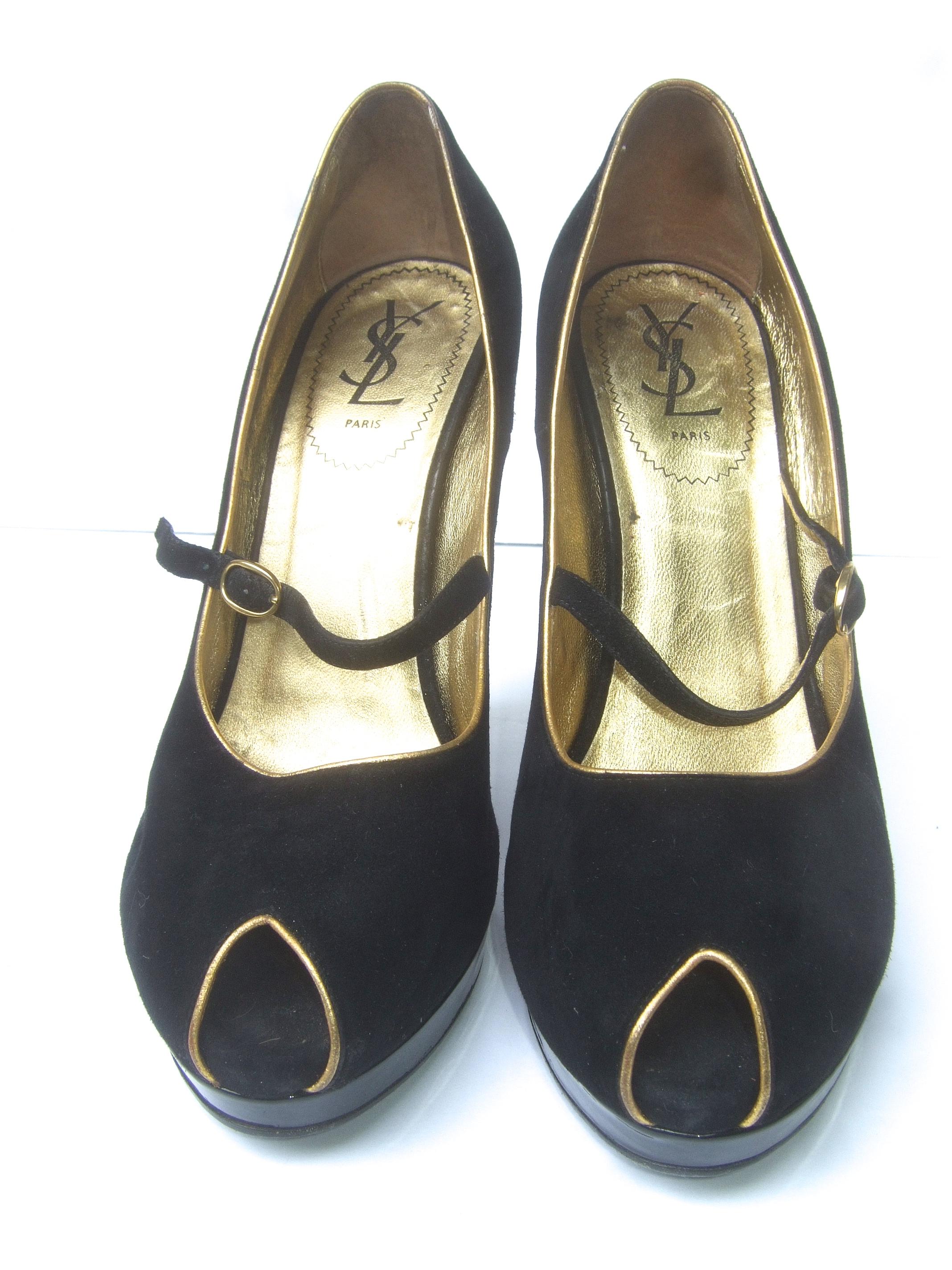 Yves Saint Laurent Paris Black Suede Gold Leather Peep Toe Wedge Shoes Size 40 5