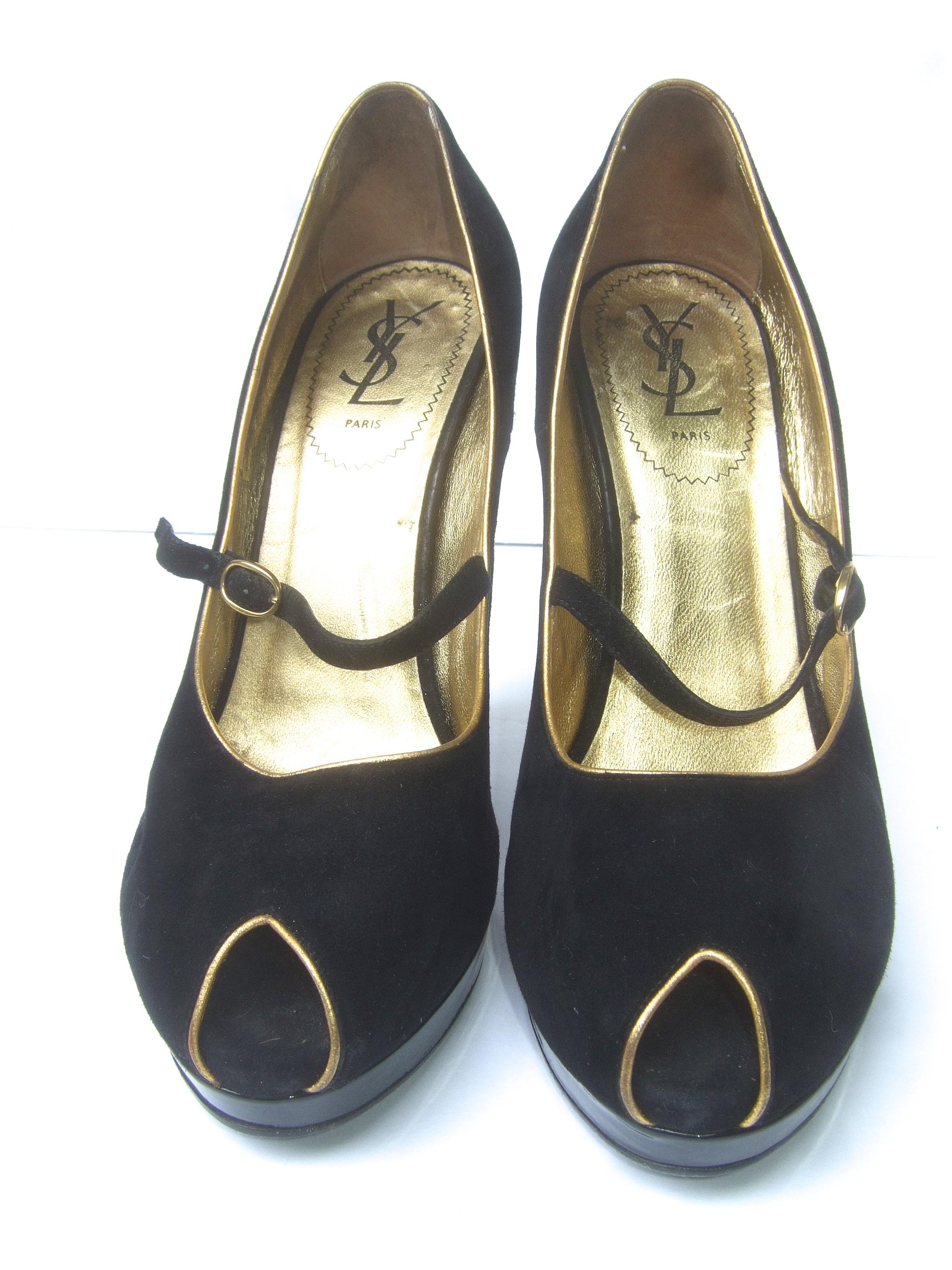 Yves Saint Laurent Paris Black Suede Gold Leather Peep Toe Wedge Shoes Size 40 For Sale 5