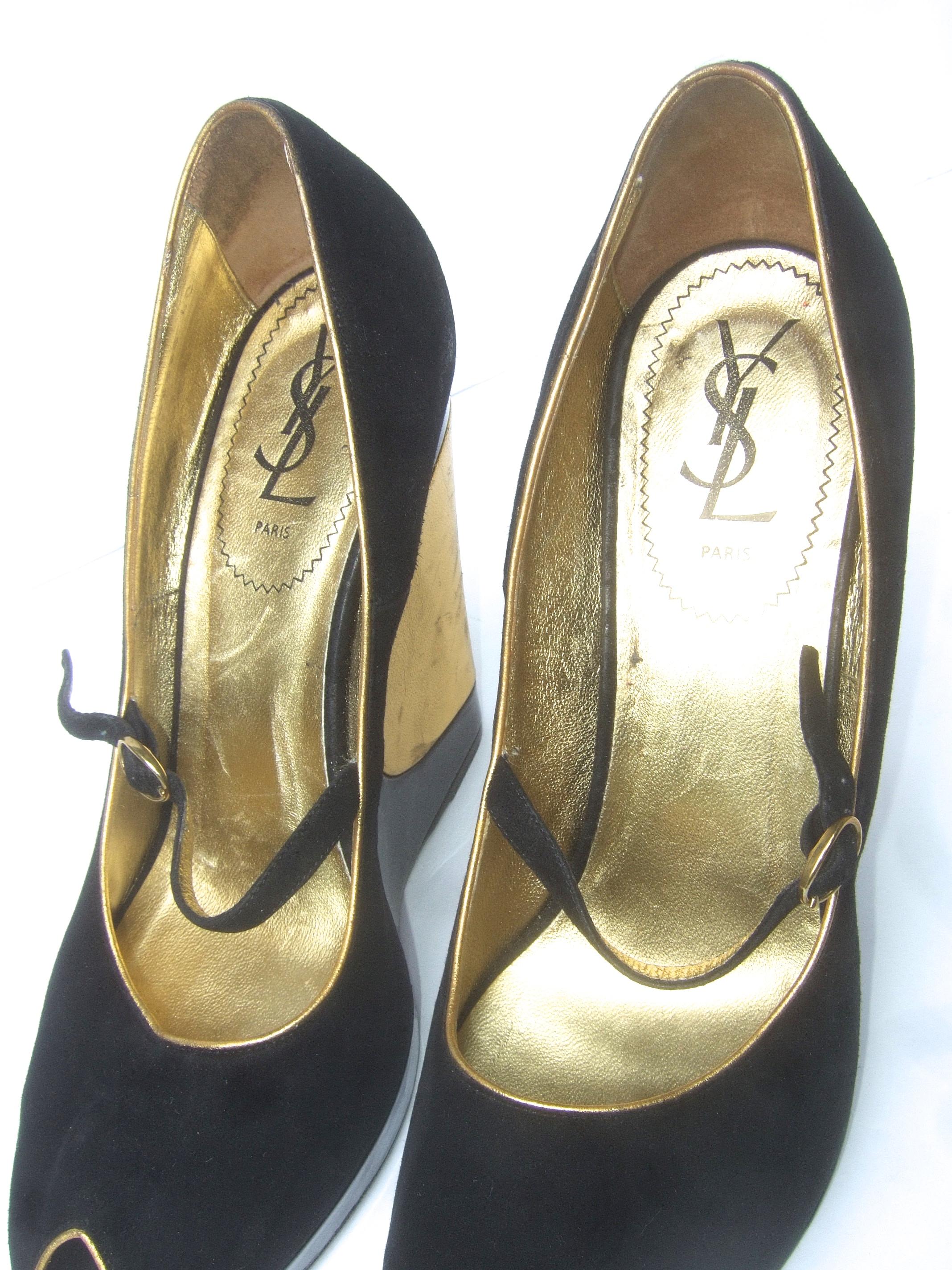 Women's Yves Saint Laurent Paris Black Suede Gold Leather Peep Toe Wedge Shoes Size 40 For Sale