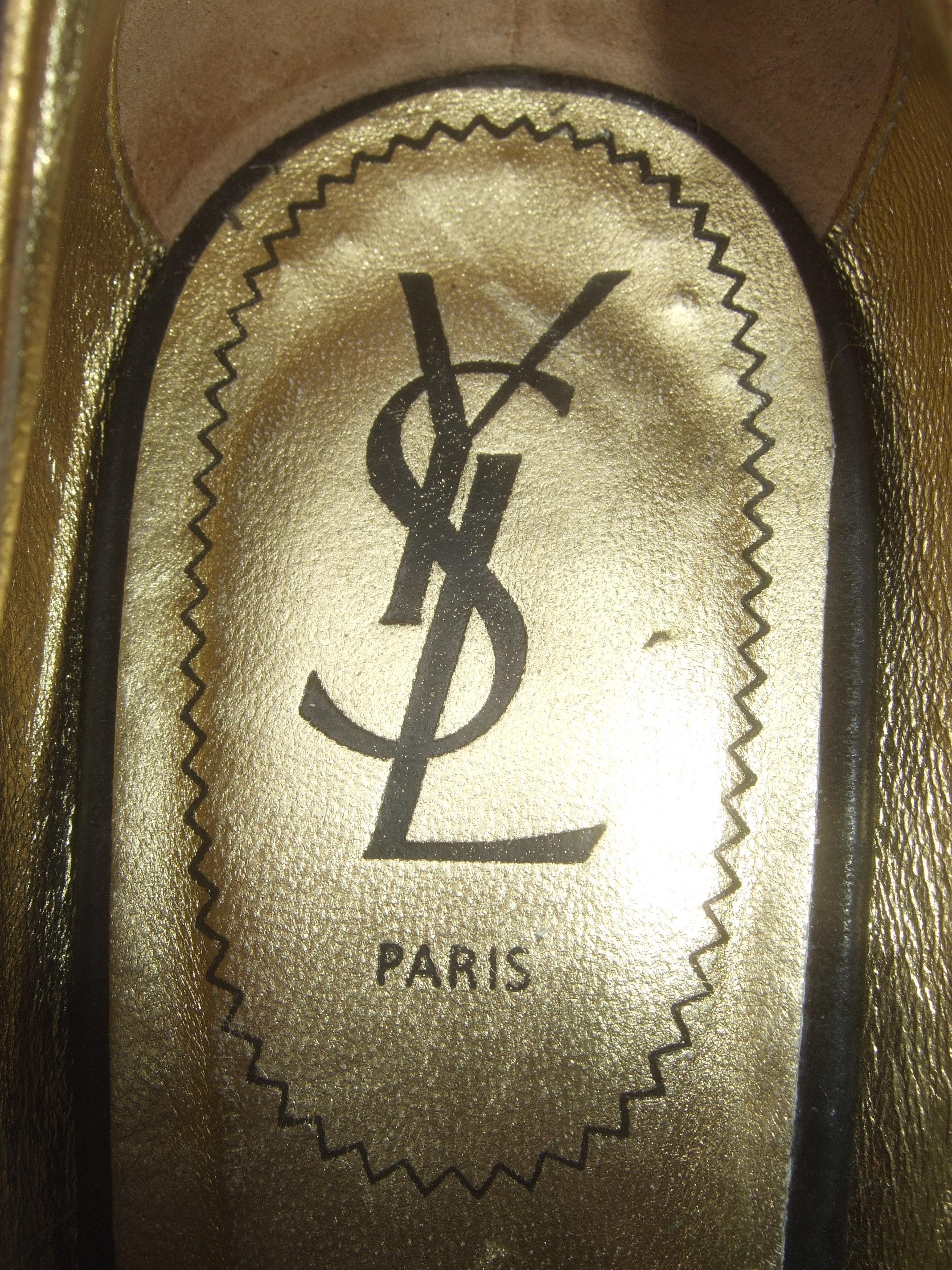 Yves Saint Laurent Paris Black Suede Gold Leather Peep Toe Wedge Shoes Size 40 For Sale 1