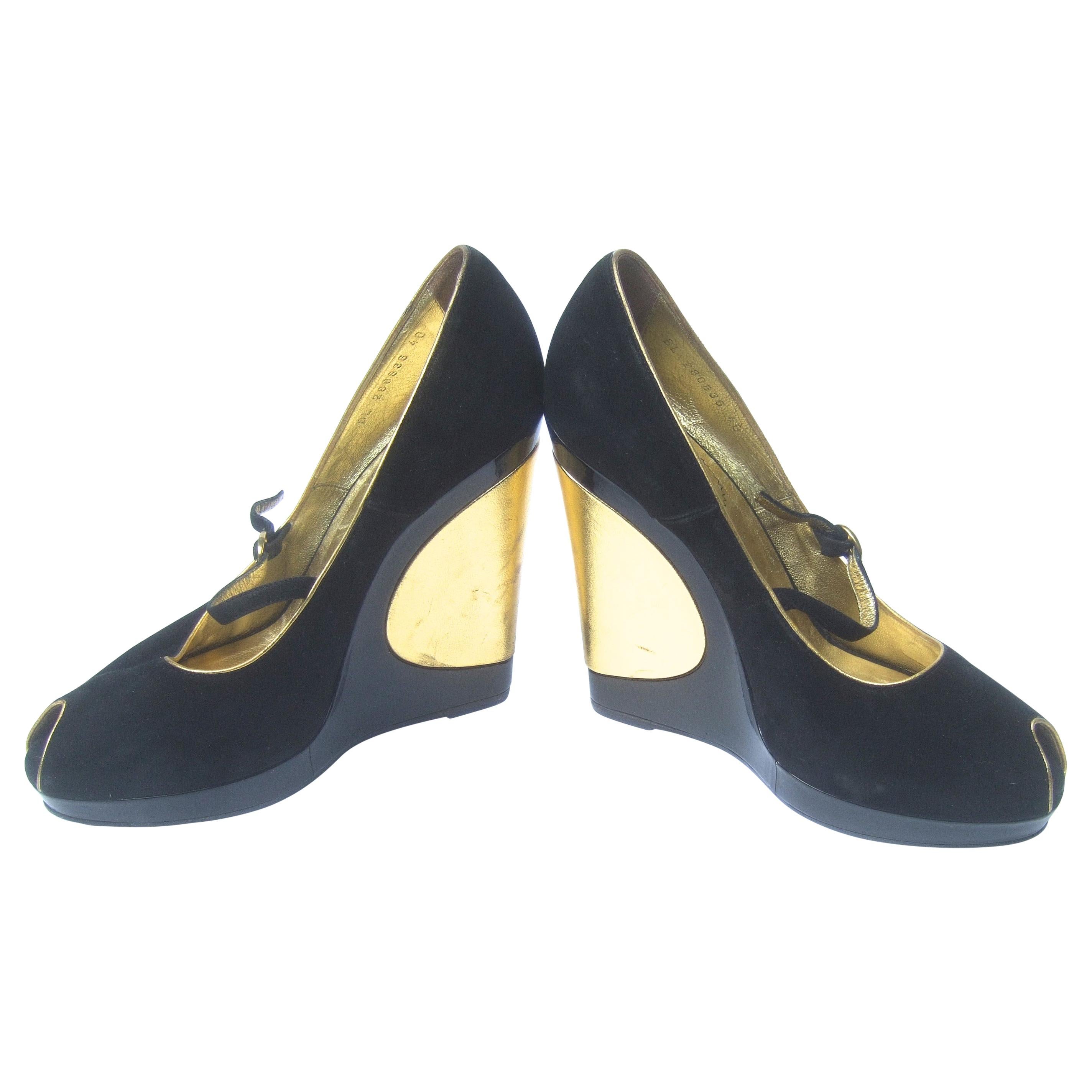 Yves Saint Laurent Paris Black Suede Gold Leather Peep Toe Wedge Shoes Size 40 For Sale