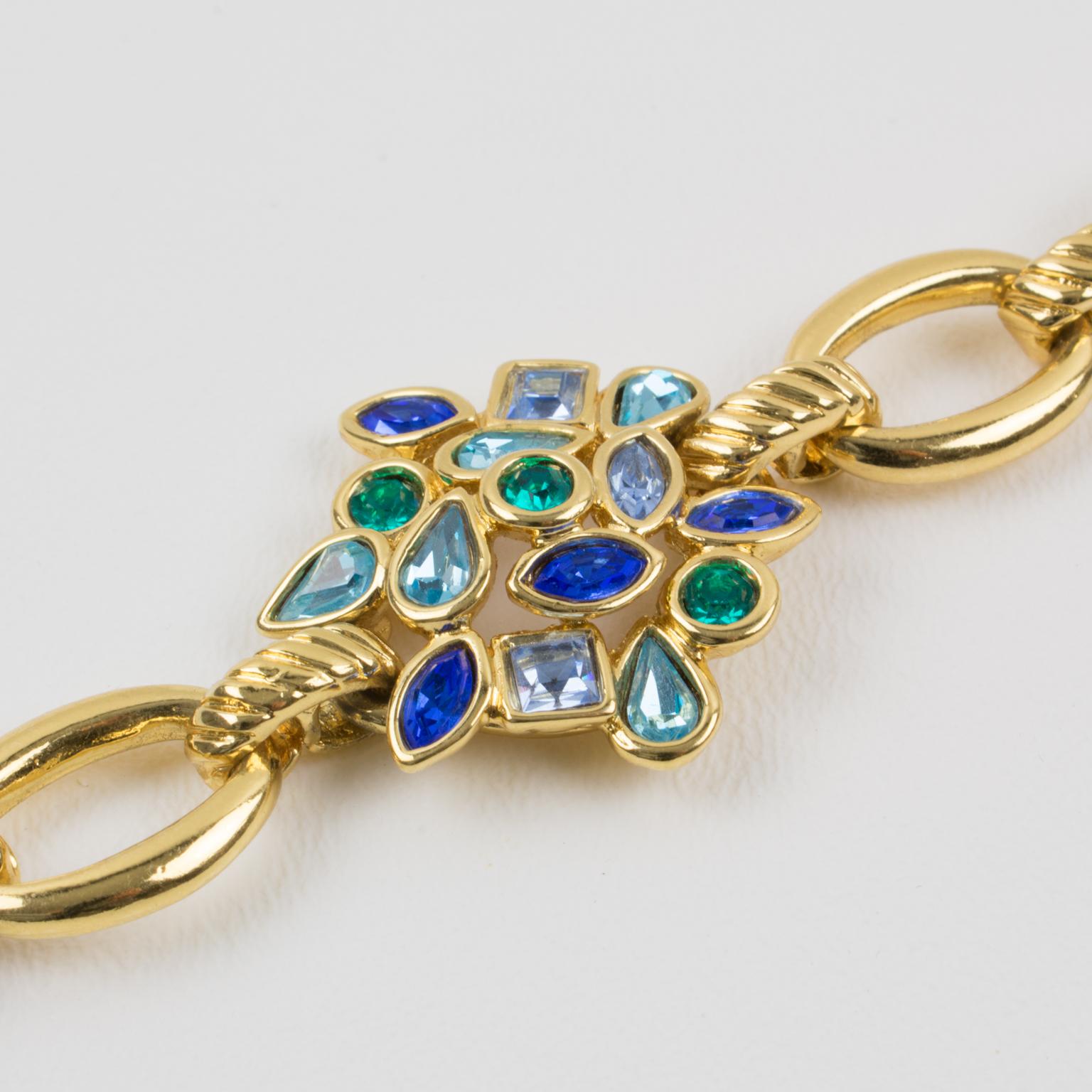 Yves Saint Laurent Paris Blue Jeweled Floral Link Bracelet For Sale 5