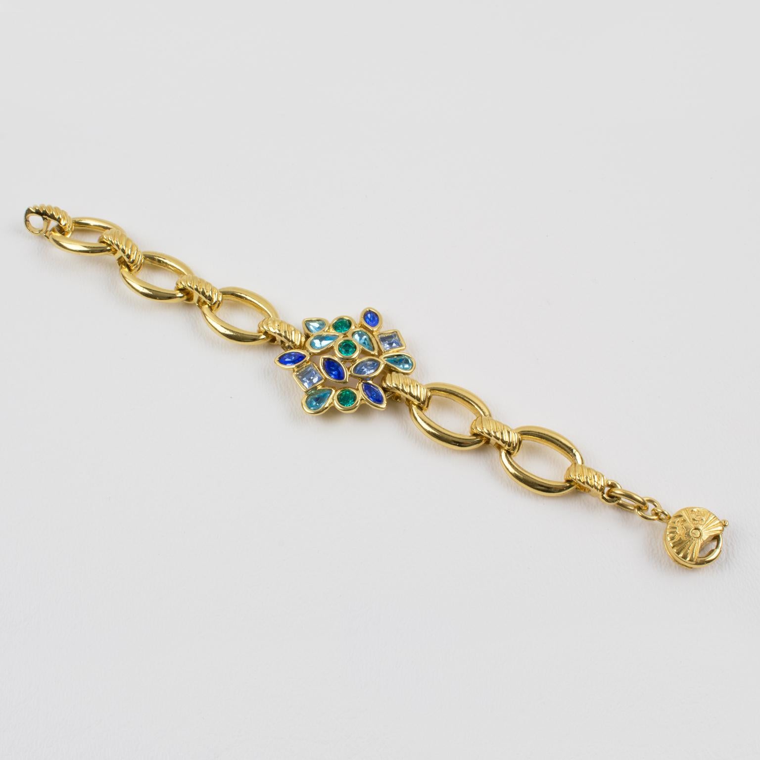 Modern Yves Saint Laurent Paris Blue Jeweled Floral Link Bracelet For Sale