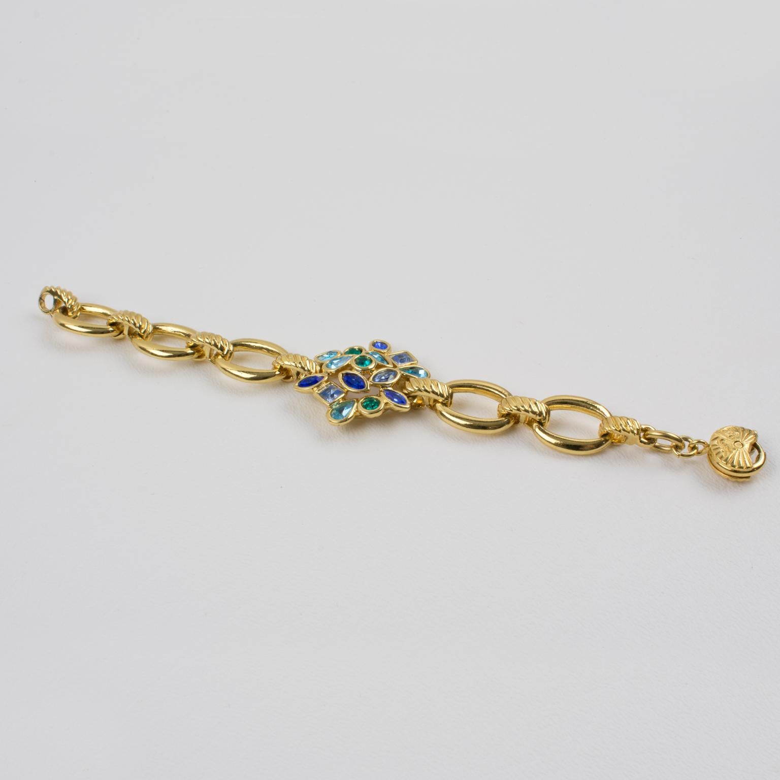 Women's Yves Saint Laurent Paris Blue Jeweled Floral Link Bracelet For Sale