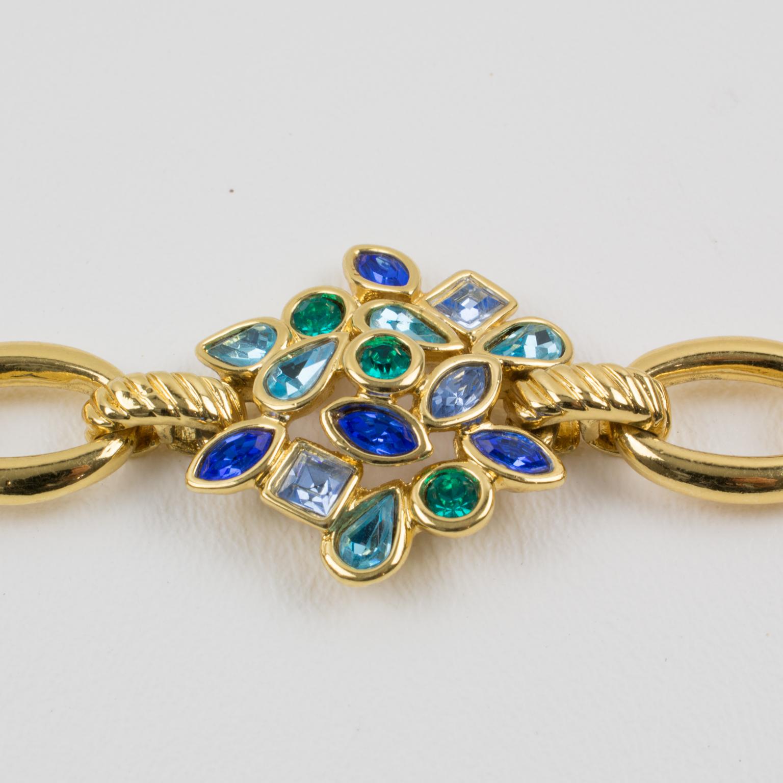 Yves Saint Laurent Paris Blue Jeweled Floral Link Bracelet For Sale 1