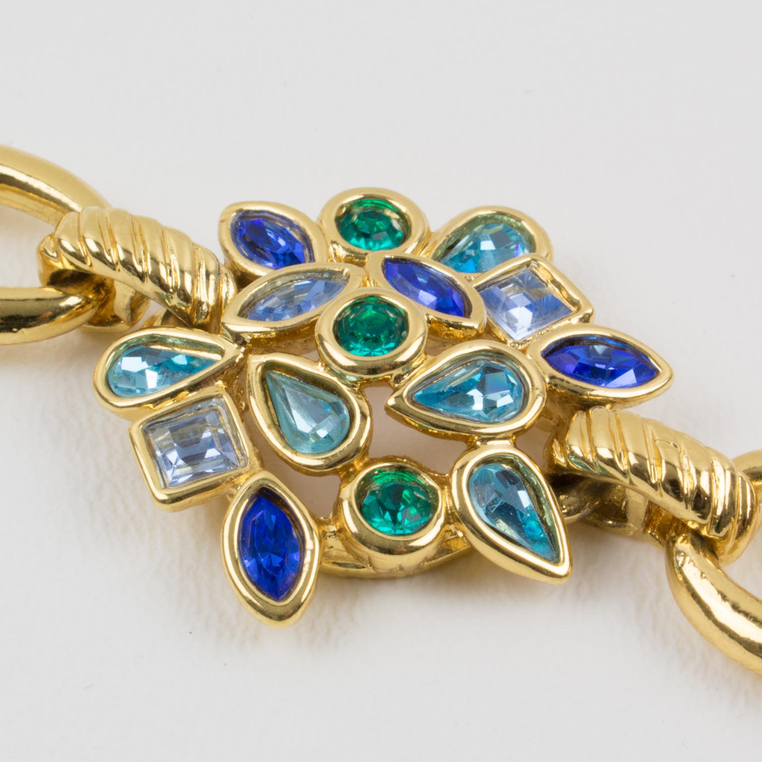 Yves Saint Laurent Paris Blue Jeweled Floral Link Bracelet For Sale 4