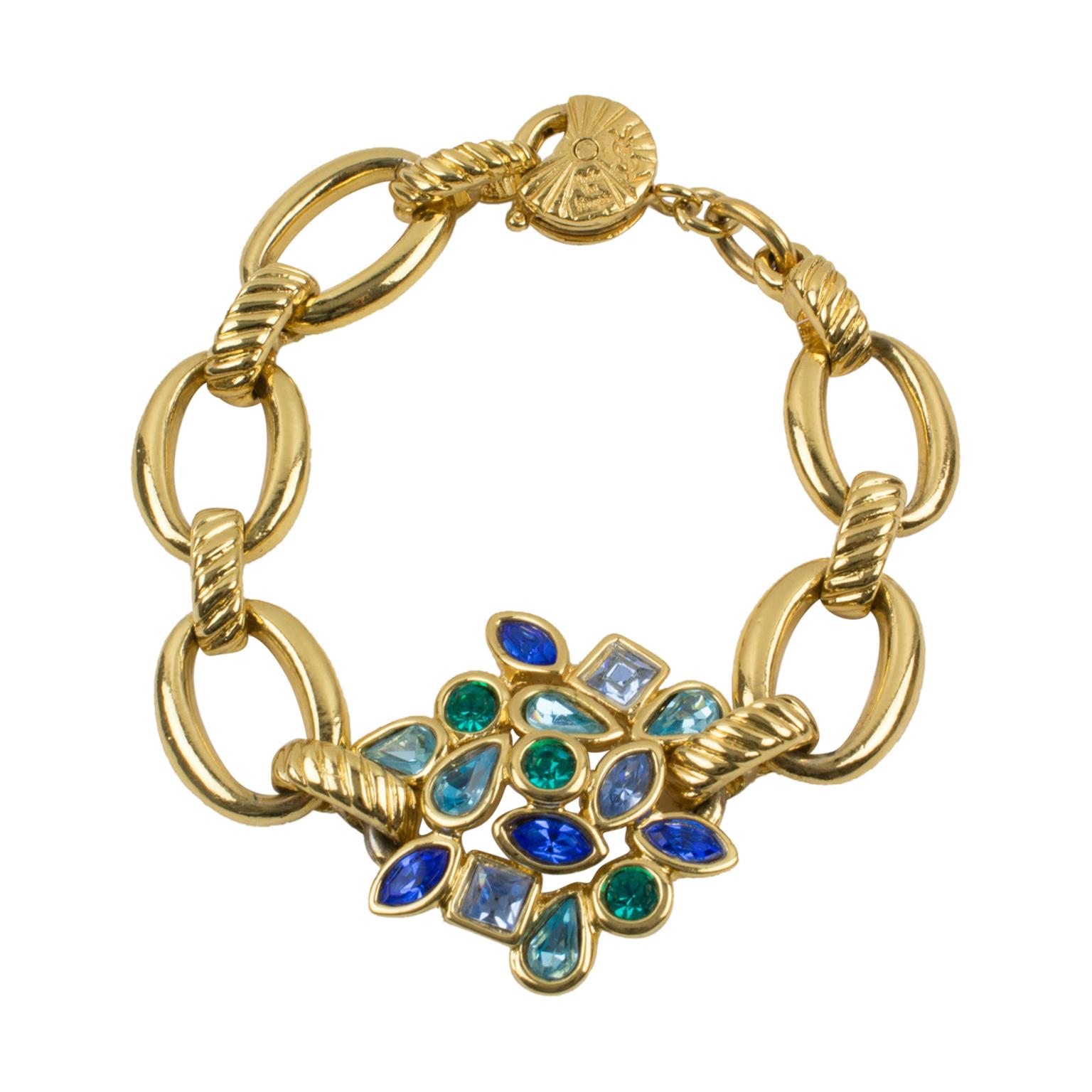Yves Saint Laurent Paris Blue Jeweled Floral Link Bracelet For Sale