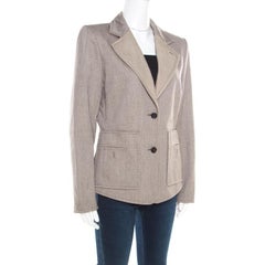 Yves Saint Laurent Paris Brown and White Textured Cotton Contrast Lapel Blazer L