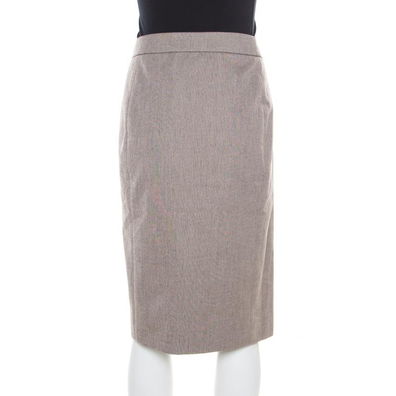 Gray Yves Saint Laurent Paris Brown and White Textured Cotton Pencil Skirt L