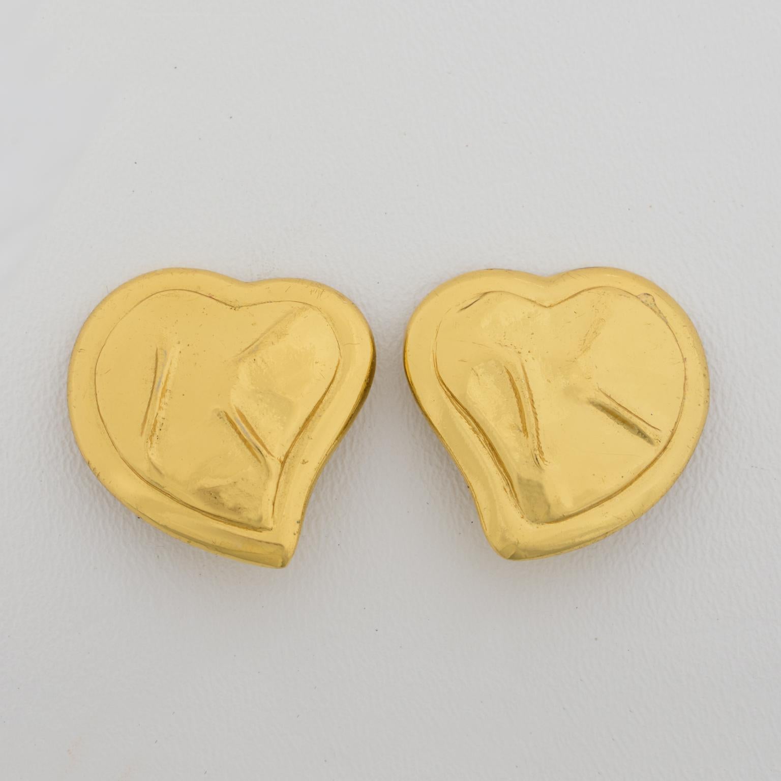 Modernist Yves Saint Laurent Paris Clip Earrings Gilt Metal Heart For Sale