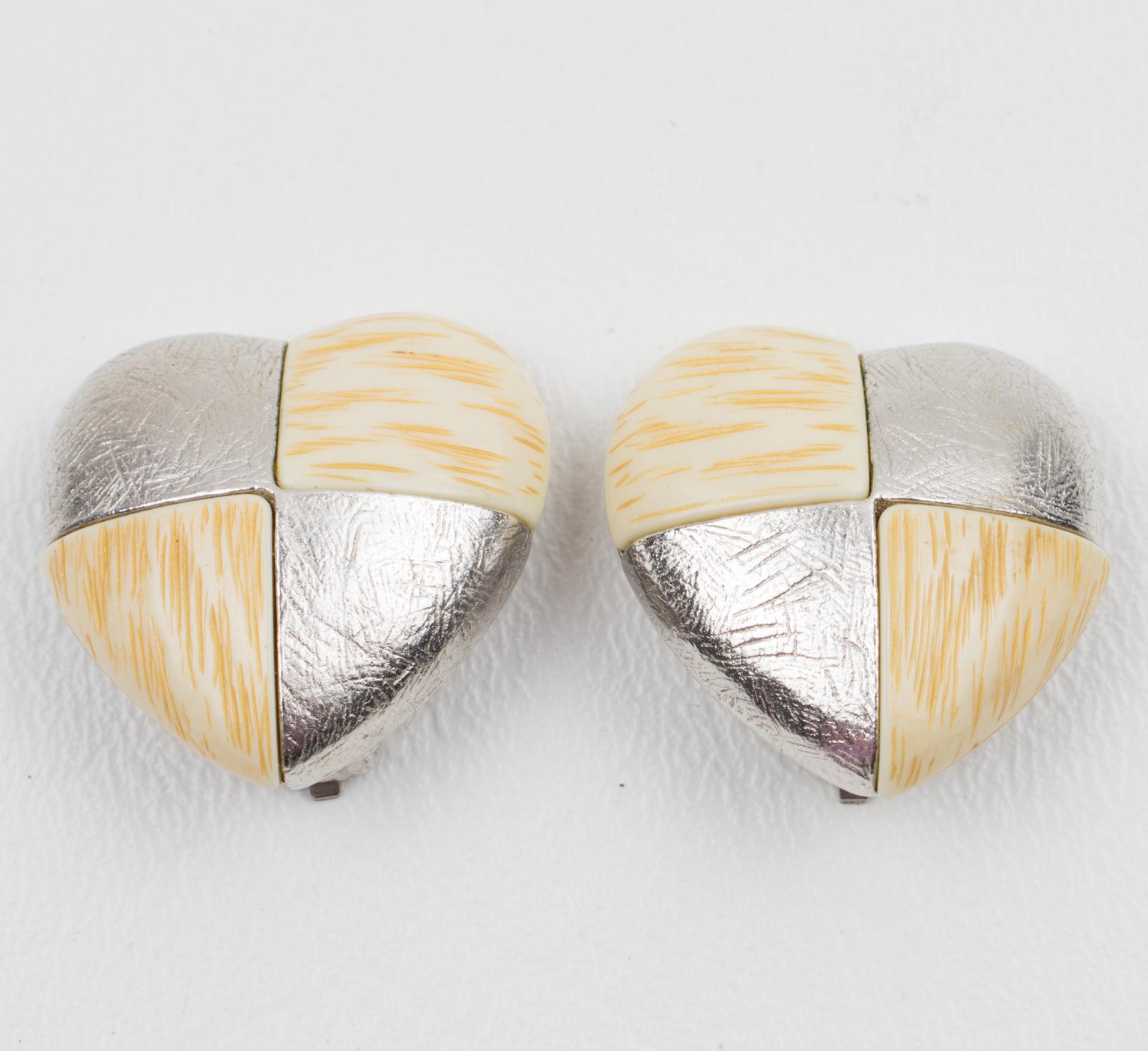 Modernist Yves Saint Laurent Paris Clip Earrings Silver and Resin Heart For Sale