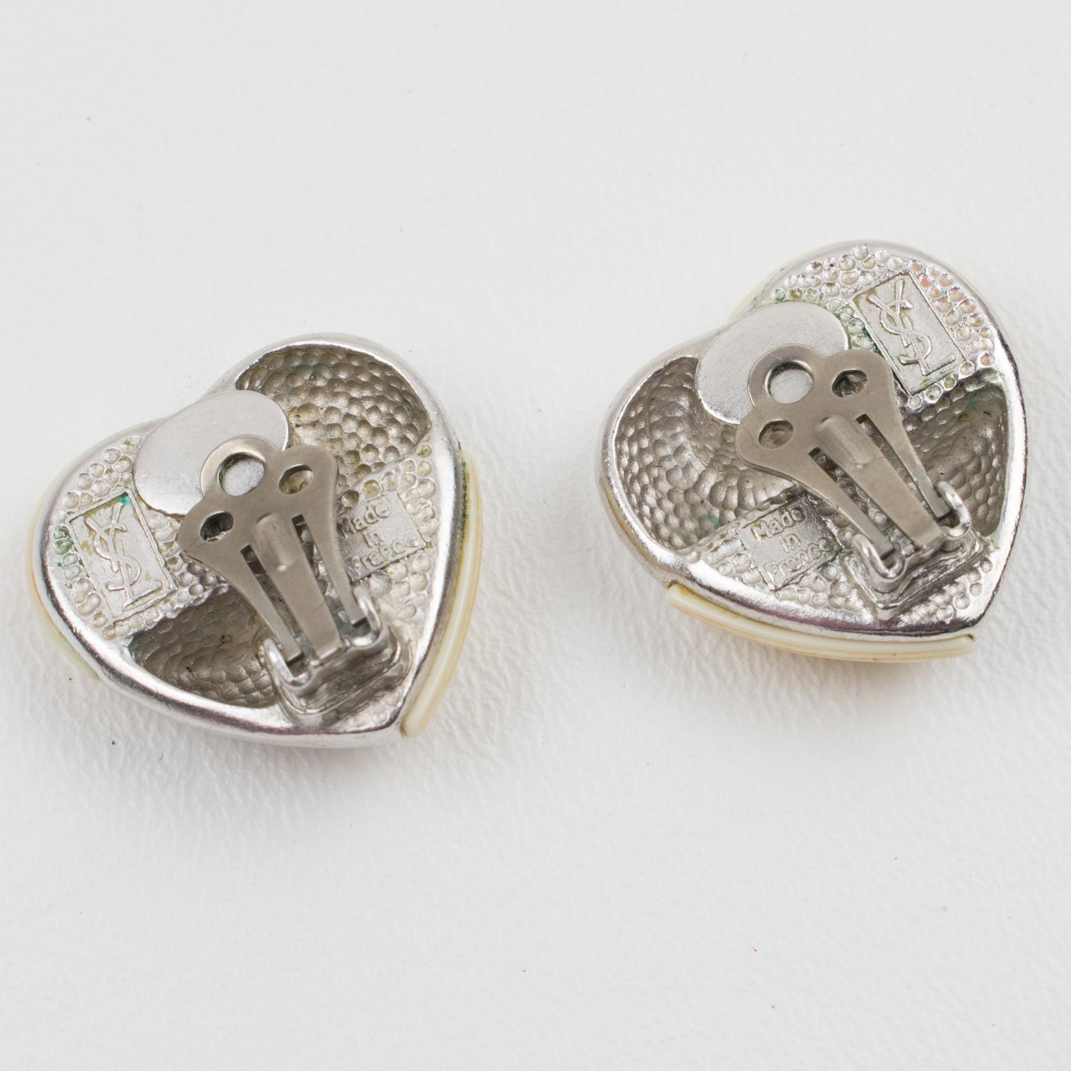 Yves Saint Laurent Paris Clip Earrings Silver and Resin Heart In Excellent Condition For Sale In Atlanta, GA