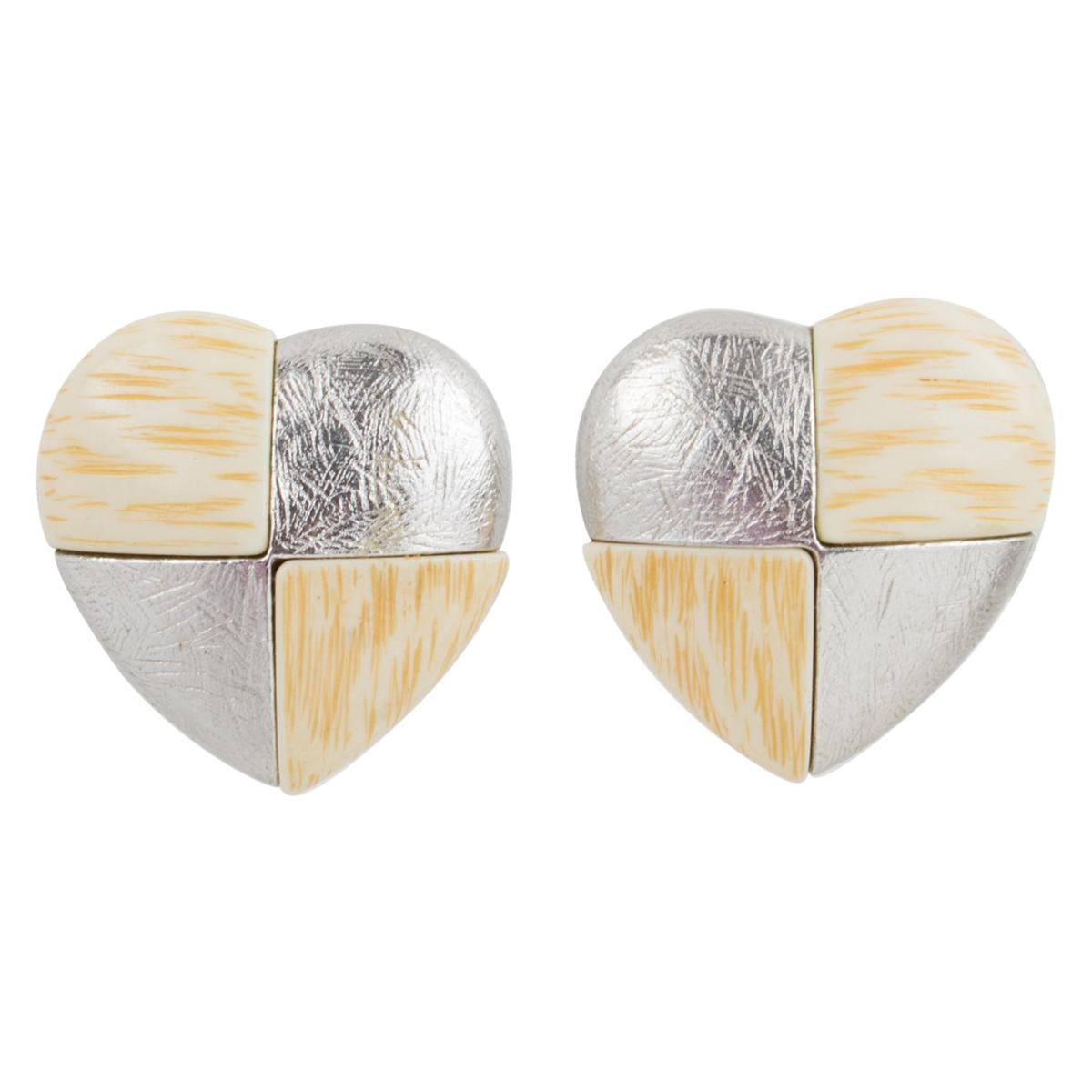 Yves Saint Laurent Paris Clip Earrings Silver and Resin Heart For Sale