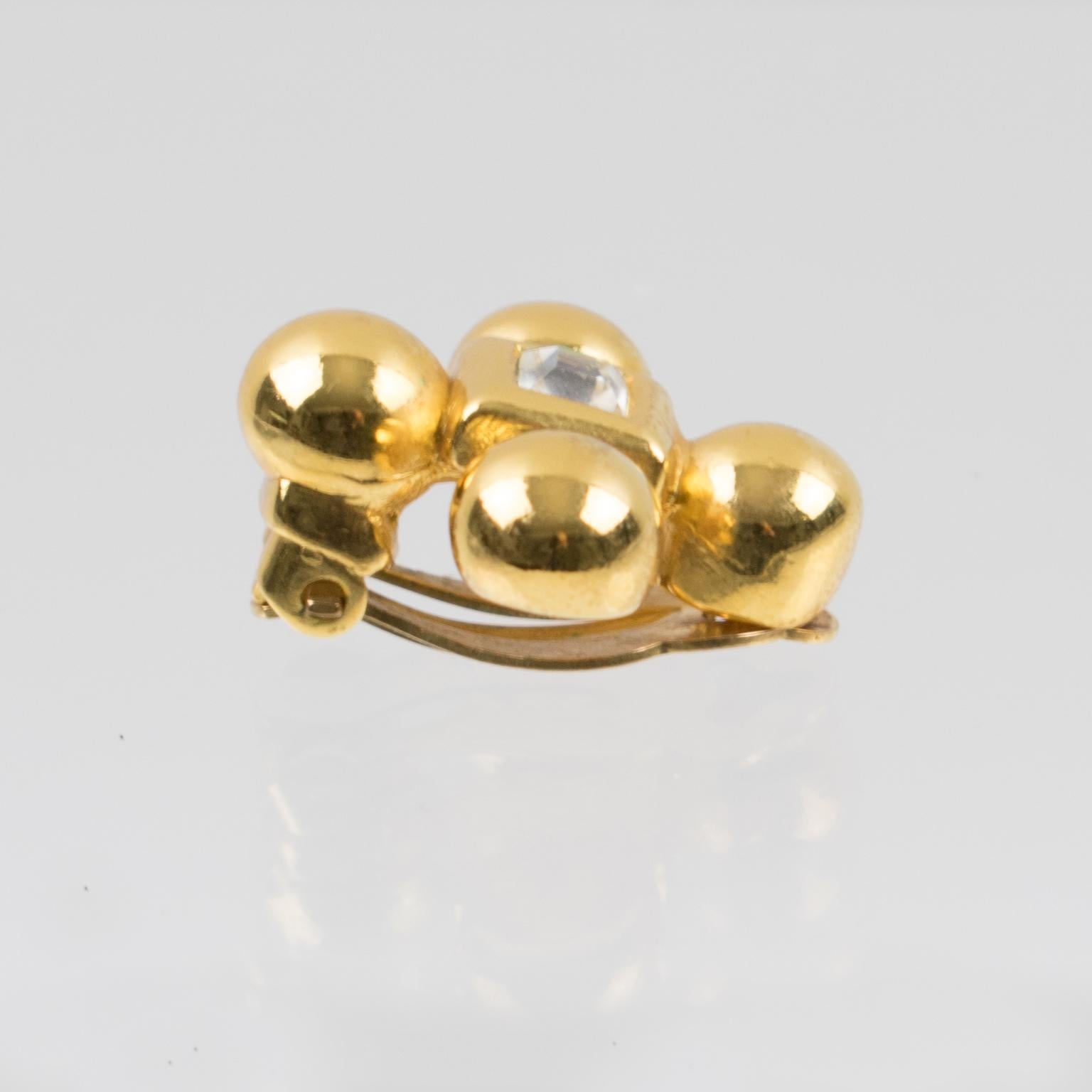 Yves Saint Laurent Paris Clover Clip Earrings Gilt Metal & Glass Rhinestone 2