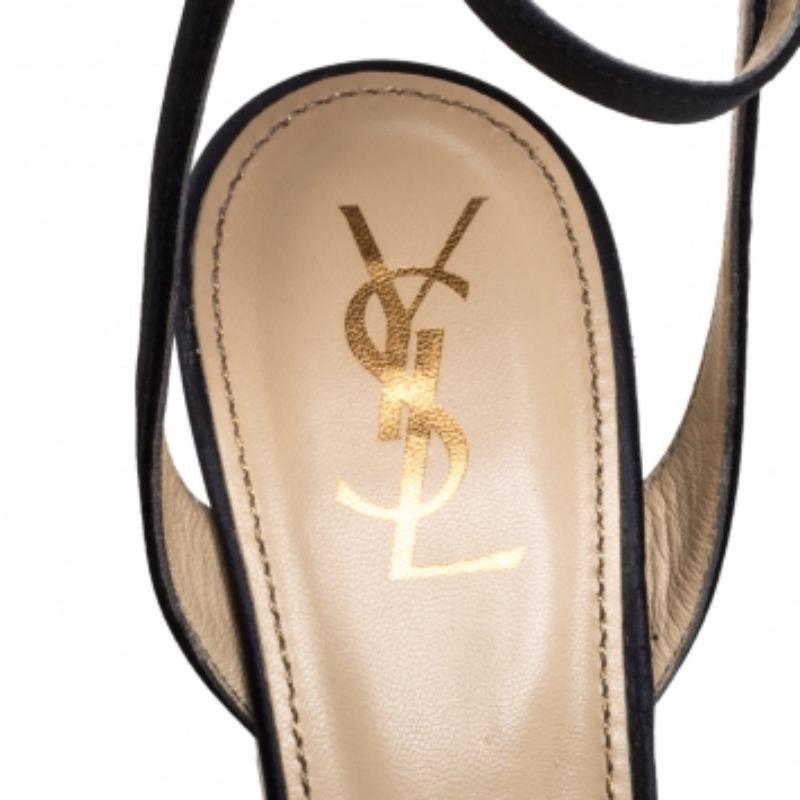 Beige Yves Saint Laurent Paris Dark Satin Strappy Ankle Strap Wedge Sandals Size 36 For Sale