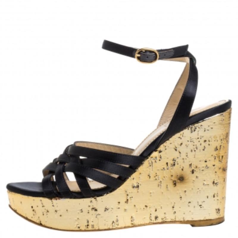 Women's Yves Saint Laurent Paris Dark Satin Strappy Ankle Strap Wedge Sandals Size 36 For Sale