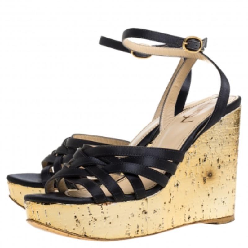 Yves Saint Laurent Paris Dark Satin Strappy Ankle Strap Wedge Sandals Size 36 For Sale 1