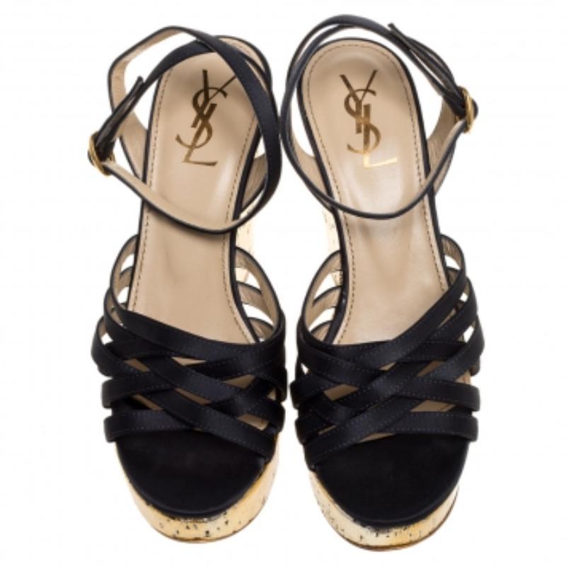 Yves Saint Laurent Paris Dark Satin Strappy Ankle Strap Wedge Sandals Size 36 For Sale 2