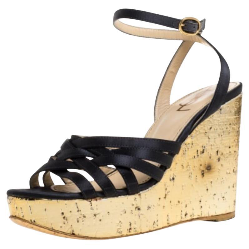 Yves Saint Laurent Paris Dark Satin Strappy Ankle Strap Wedge Sandals Size 36 For Sale