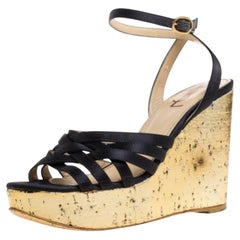 Yves Saint Laurent Paris Dark Satin Strappy Ankle Strap Wedge Sandals Size 36