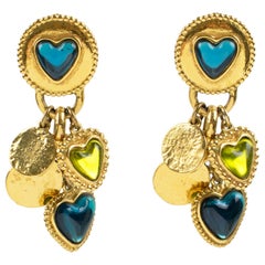 Yves Saint Laurent Ohrclips Grün Blau Dangle Hearts