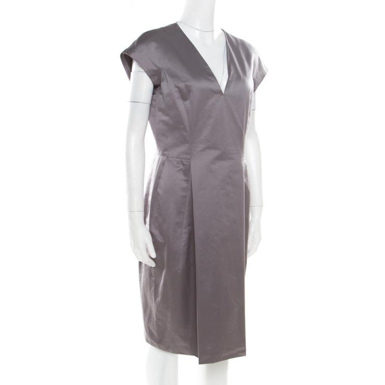 Yves Saint Laurent Paris Grey Plunge Neck Cap Sleeve Dress L For Sale ...