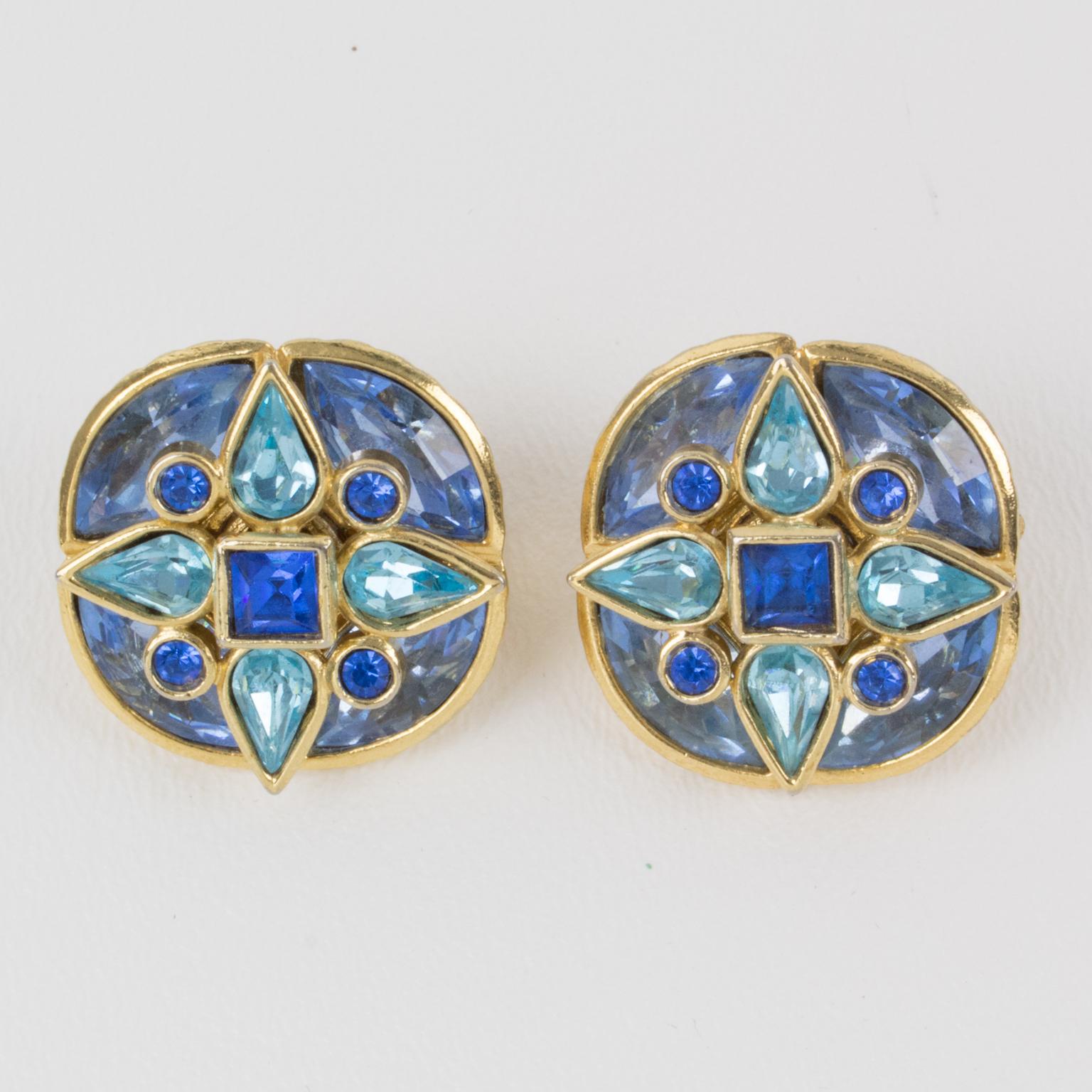 Yves Saint Laurent Paris Blue Jeweled Clip Earrings In Excellent Condition In Atlanta, GA