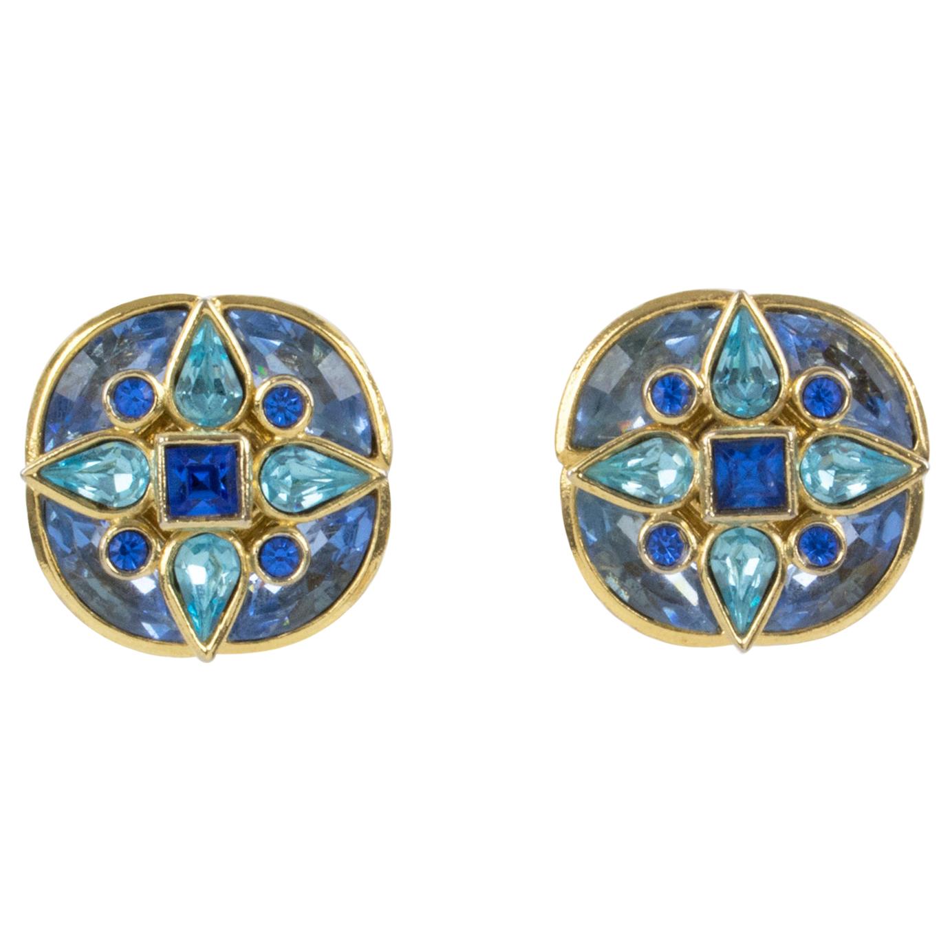 Yves Saint Laurent Paris Blue Jeweled Clip Earrings