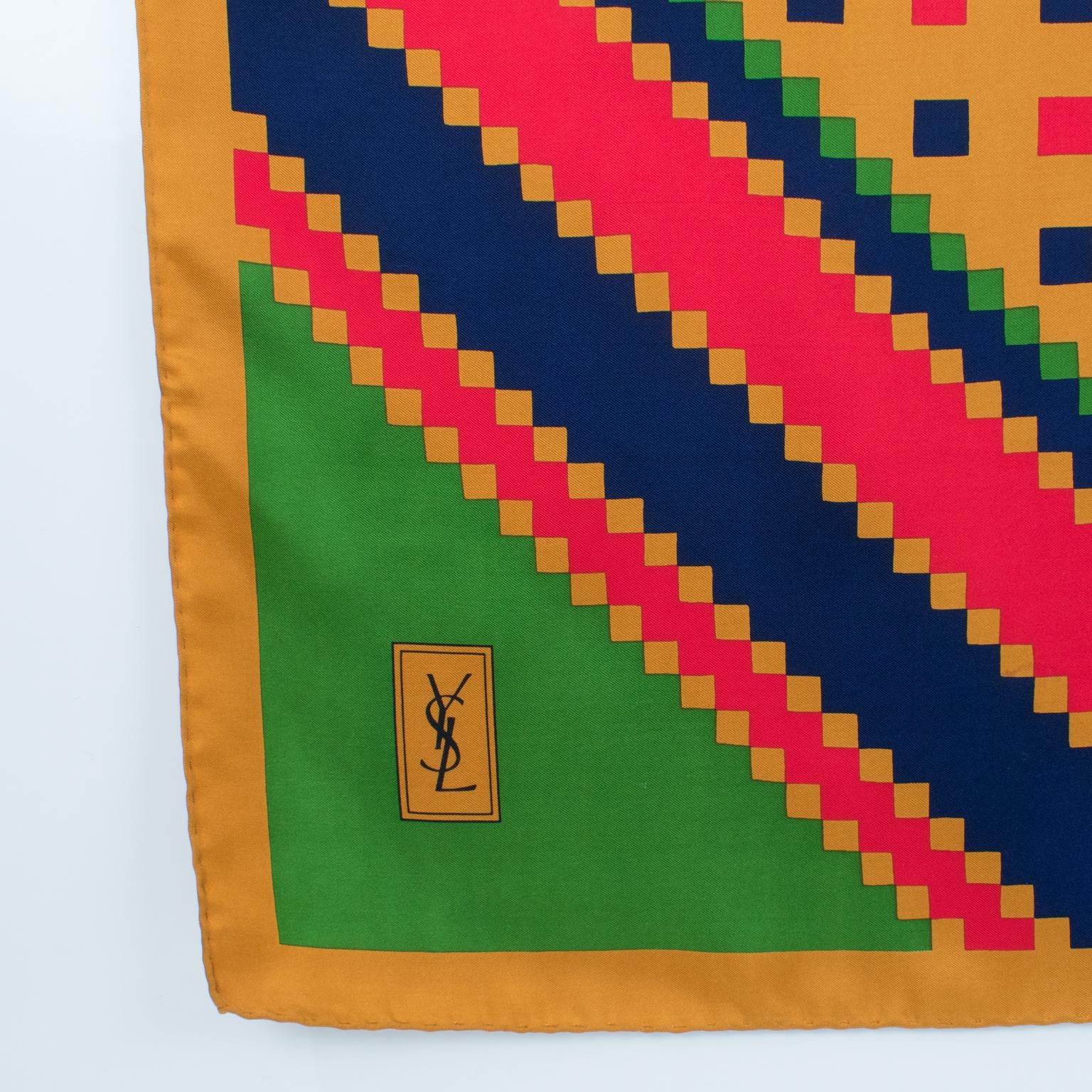 Yves Saint Laurent Paris Silk Scarf Geometric Print in Blue Red Green In Good Condition In Atlanta, GA