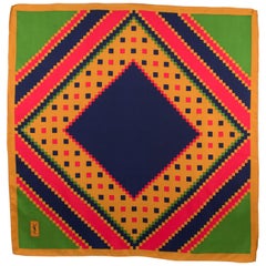 Yves Saint Laurent Paris Silk Scarf Geometric Print in Blue Red Green