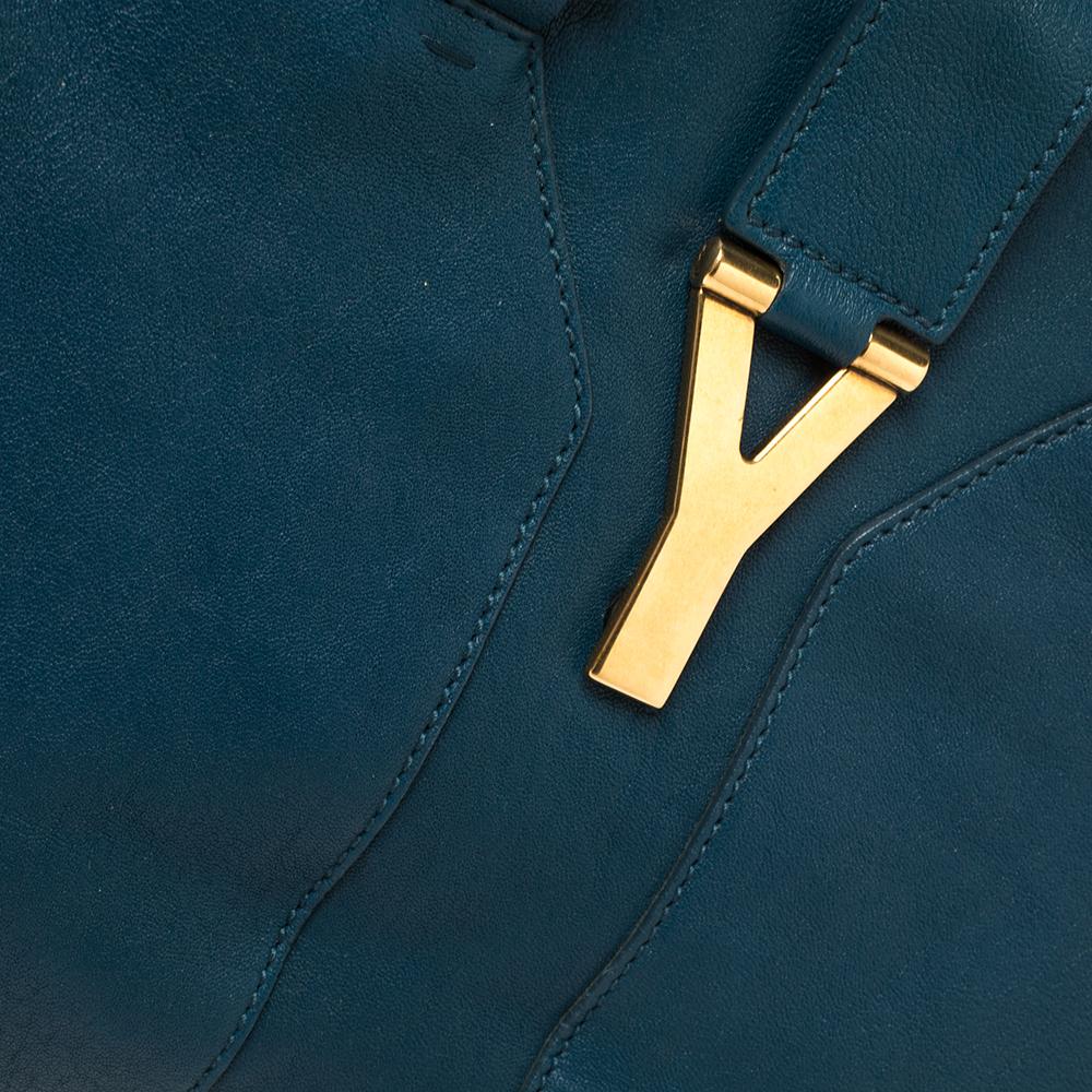 Women's Yves Saint Laurent Paris Teal Blue Leather Large Y Cabas Chyc Tote