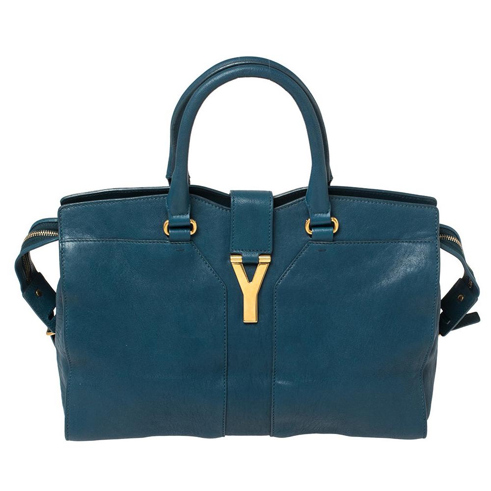 Yves Saint Laurent Paris Teal Blue Leather Large Y Cabas Chyc Tote at  1stDibs