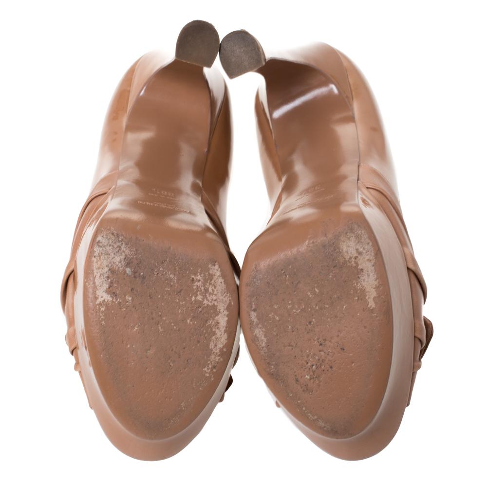 Brown Yves Saint Laurent Patent Leather Bow Tie Palais Platform Peep Toe Pumps Size 38