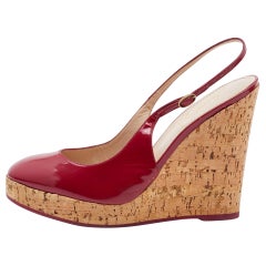 Yves Saint Laurent Patent Leather Cork Platform Wedge Slingback Pumps Size 38
