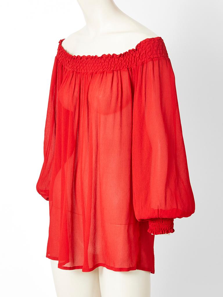 Red Yves Saint Laurent Peasant Blouse with Smocking Detail