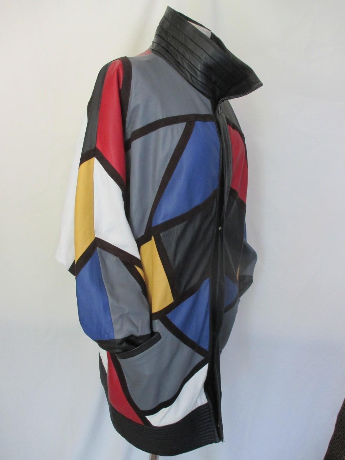 Black Yves Saint Laurent Piet Mondrian Art Leather Coat  For Sale