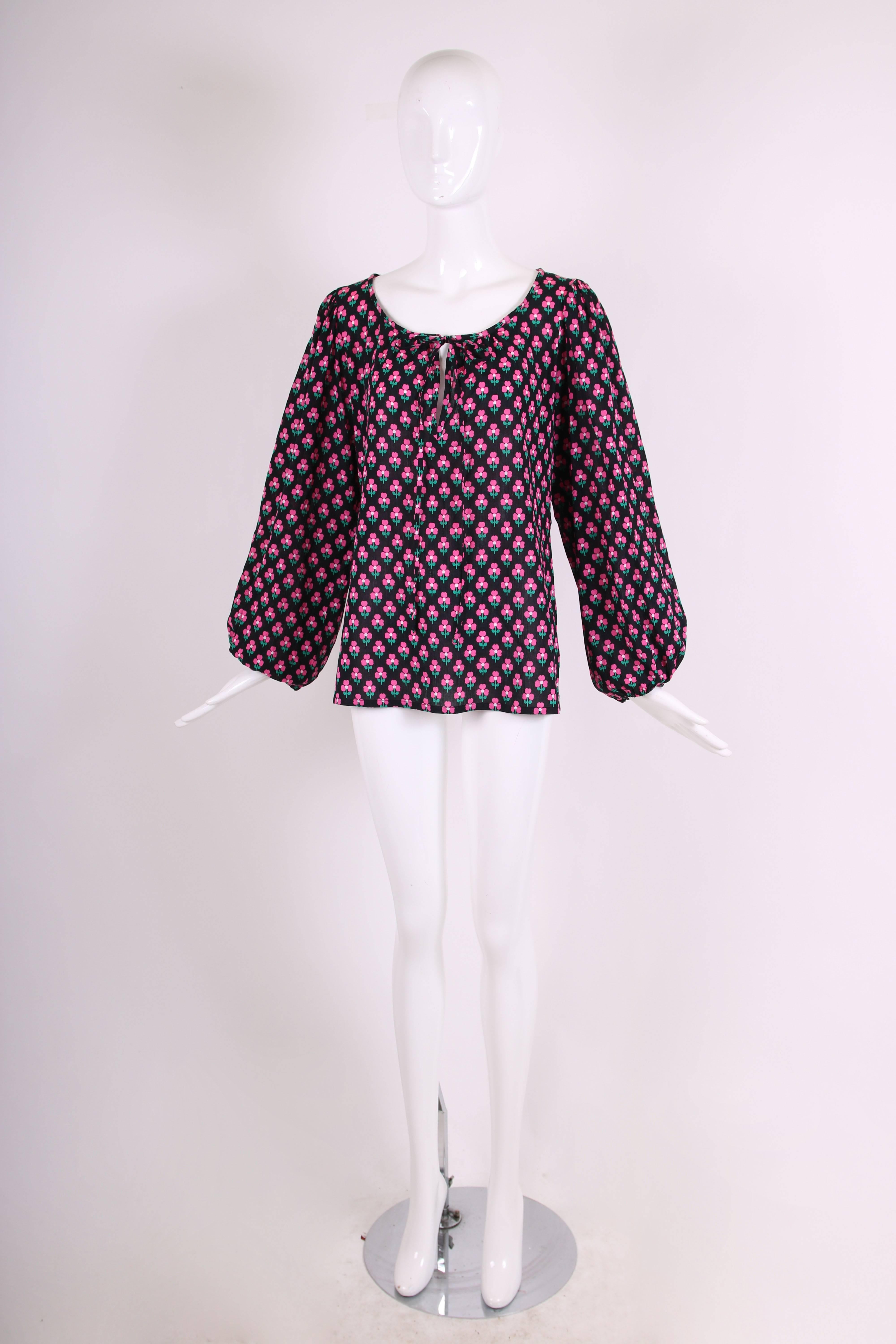 Yves Saint Laurent Pink / Black Clover Print Cotton Peasant Blouse w / Neck Ties In Excellent Condition In Studio City, CA